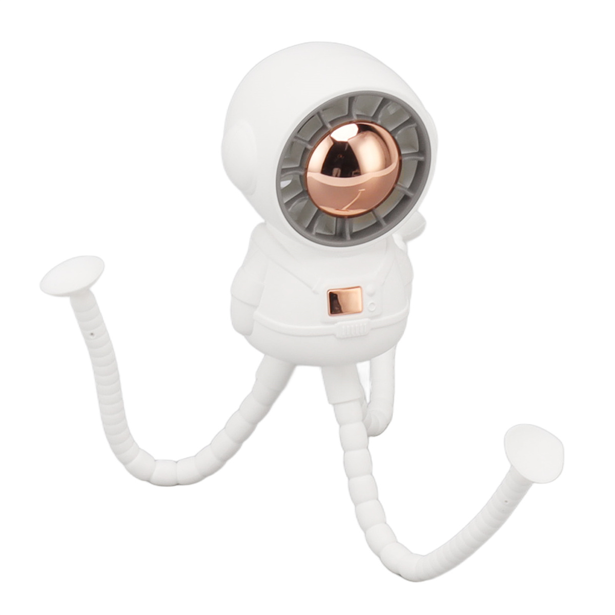 Ein weißer Astronauten-förmiger Ventilator mit flexiblen Beinen. Er hat eine kupferfarbene Lüfterabdeckung.