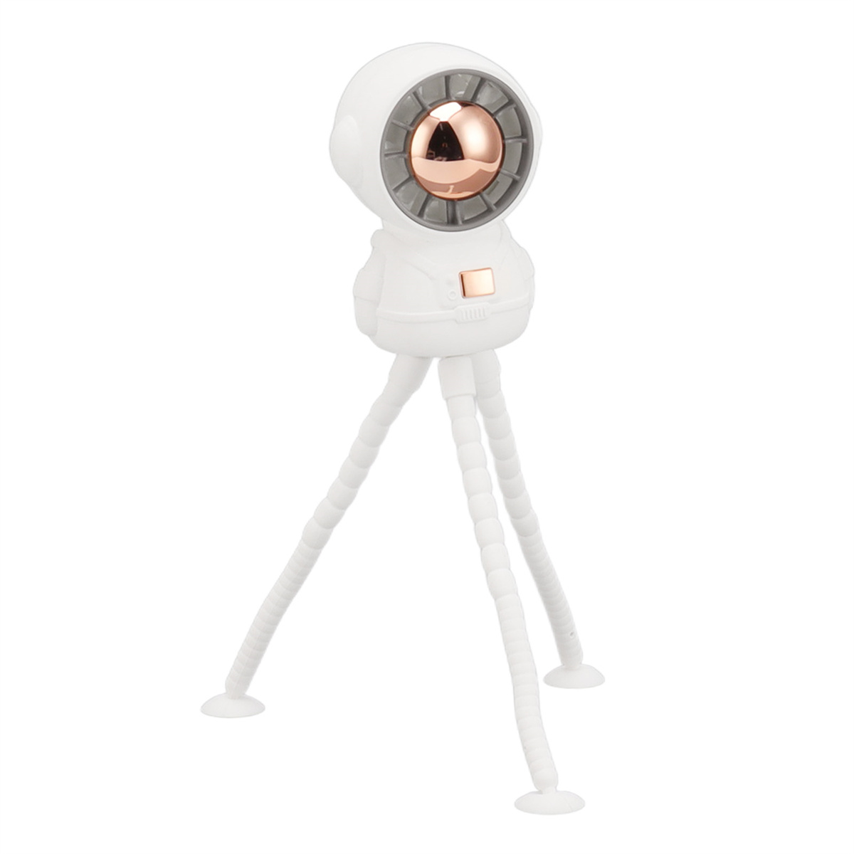 Ein weißer, astronautenförmiger Ventilator auf einem flexiblen weißen Stativ, mit goldfarbener Öffnung.