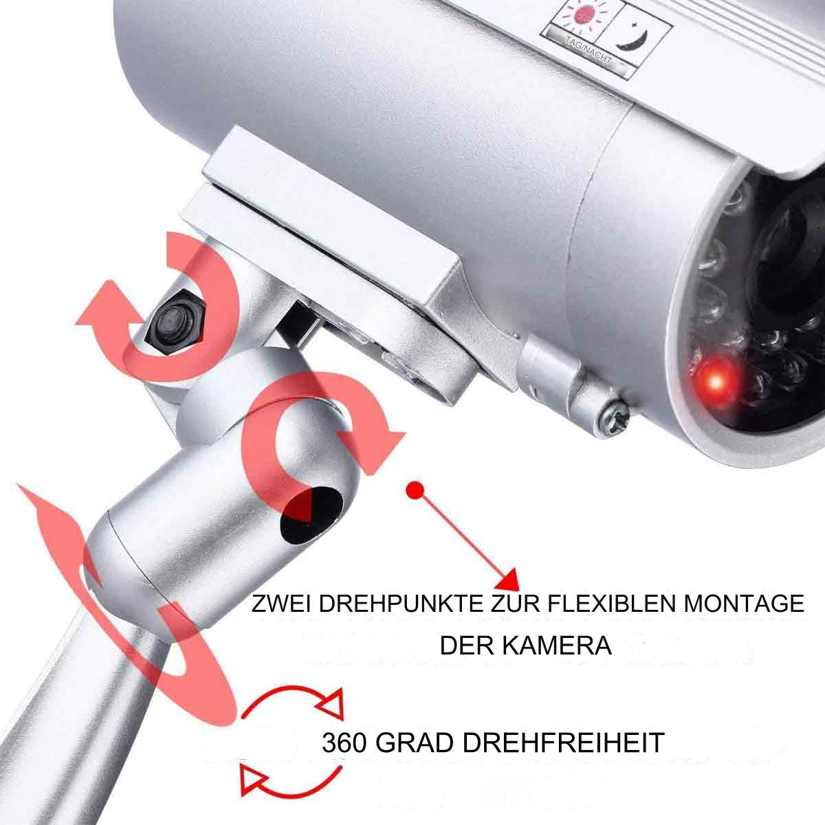 Silberne Überwachungskamera mit Pfeilen, die auf flexible Montage und 360-Grad-Drehung zeigen.