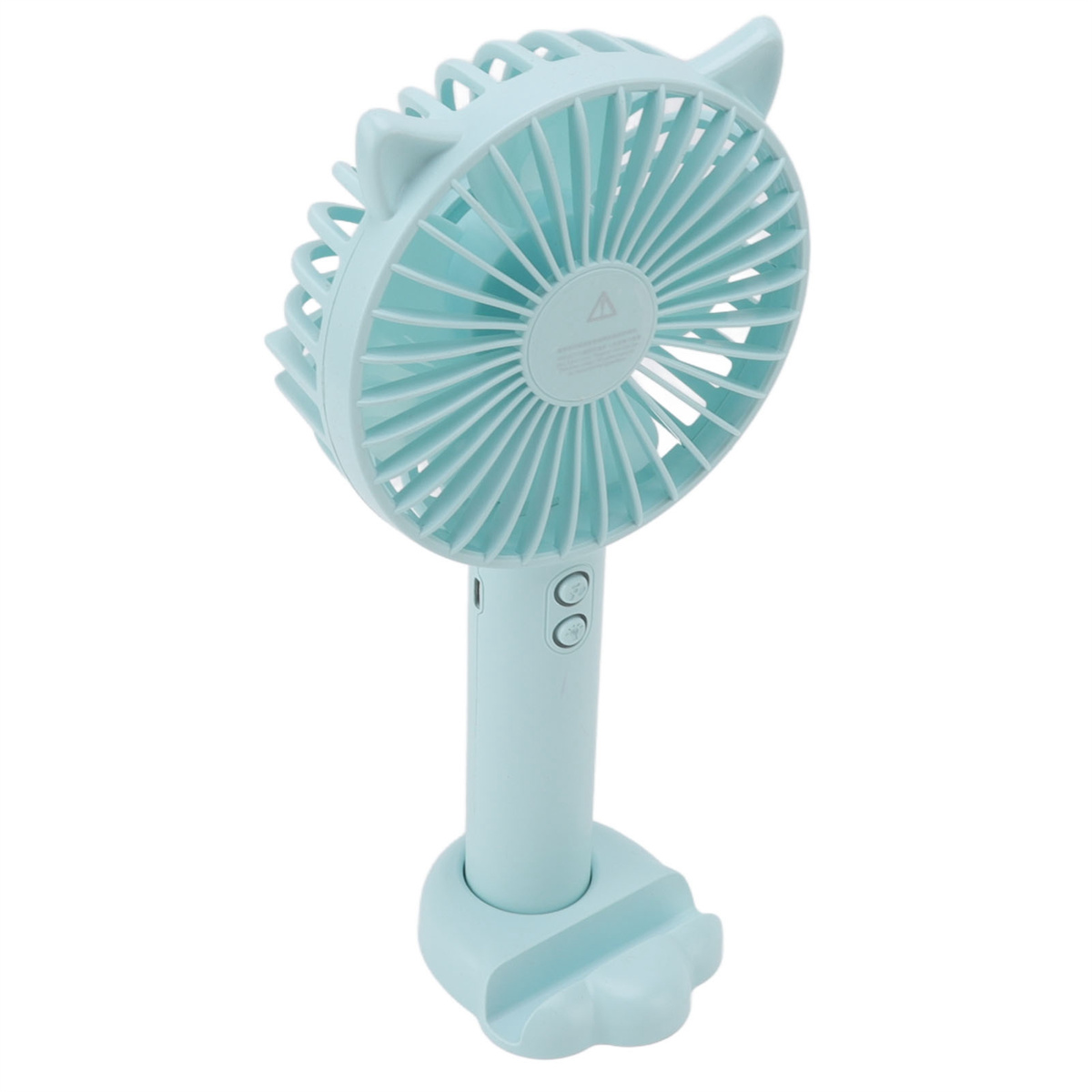 Blauer Handventilator mit Katzenohren-Design, zwei Knöpfen, weißer Hintergrund.