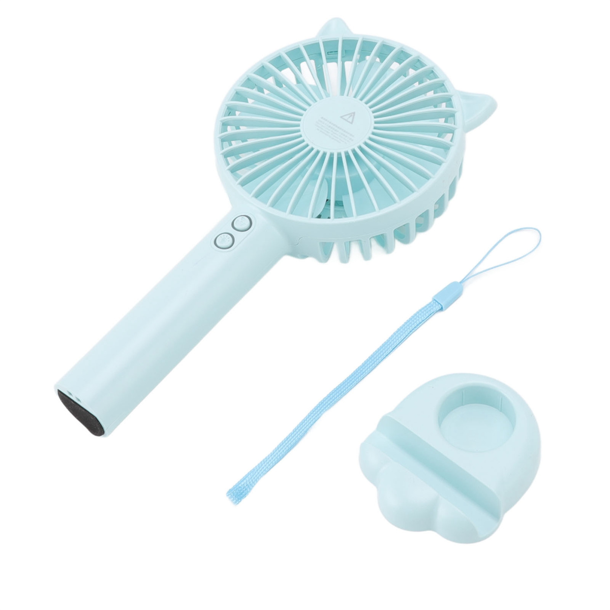Ein blauer Handventilator mit Ständer und Handschlaufe. Zwei Knöpfe sind am Griff.
