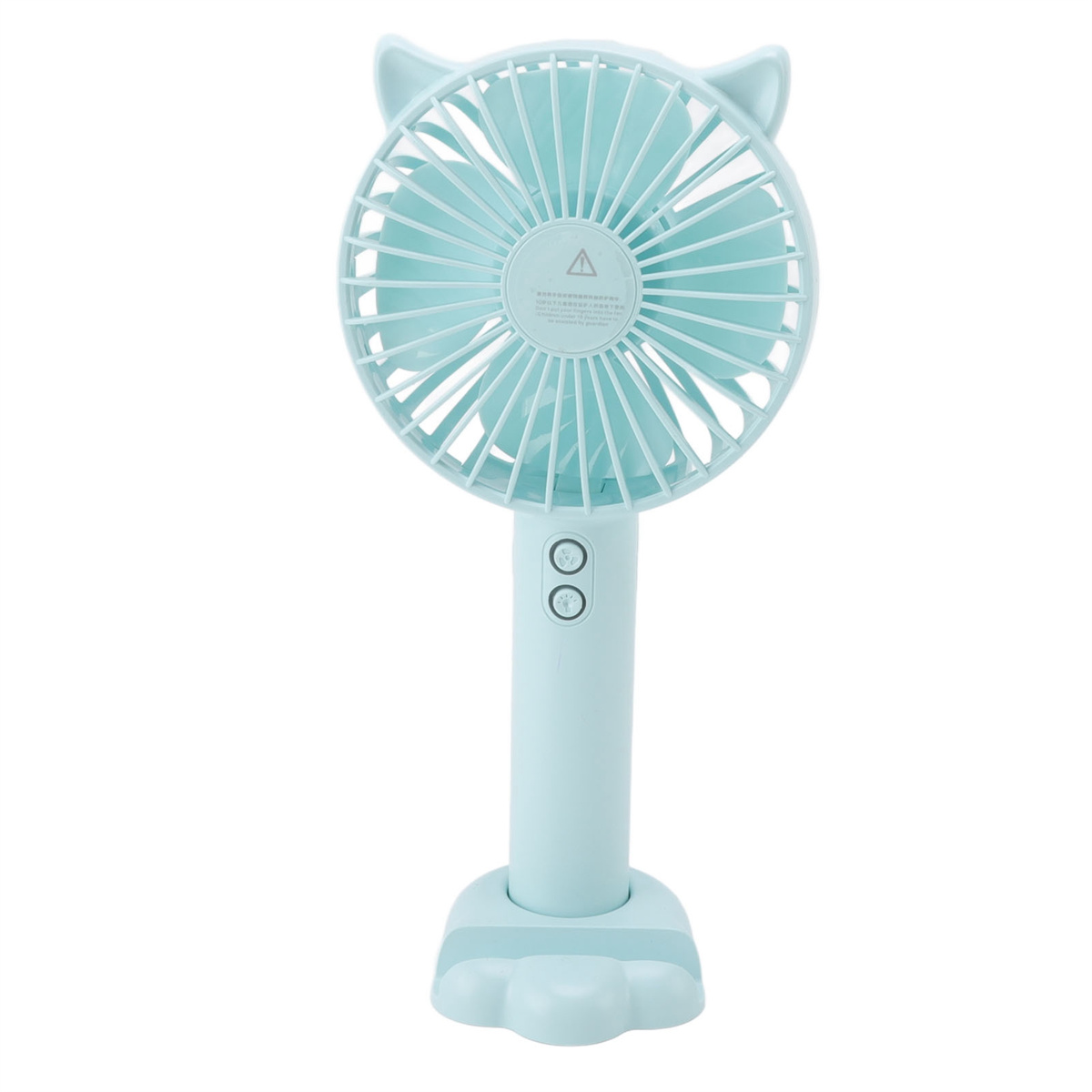 Ein blauer Handventilator mit Katzenohren, einem Ständer und zwei Knöpfen. Auf weißem Hintergrund.