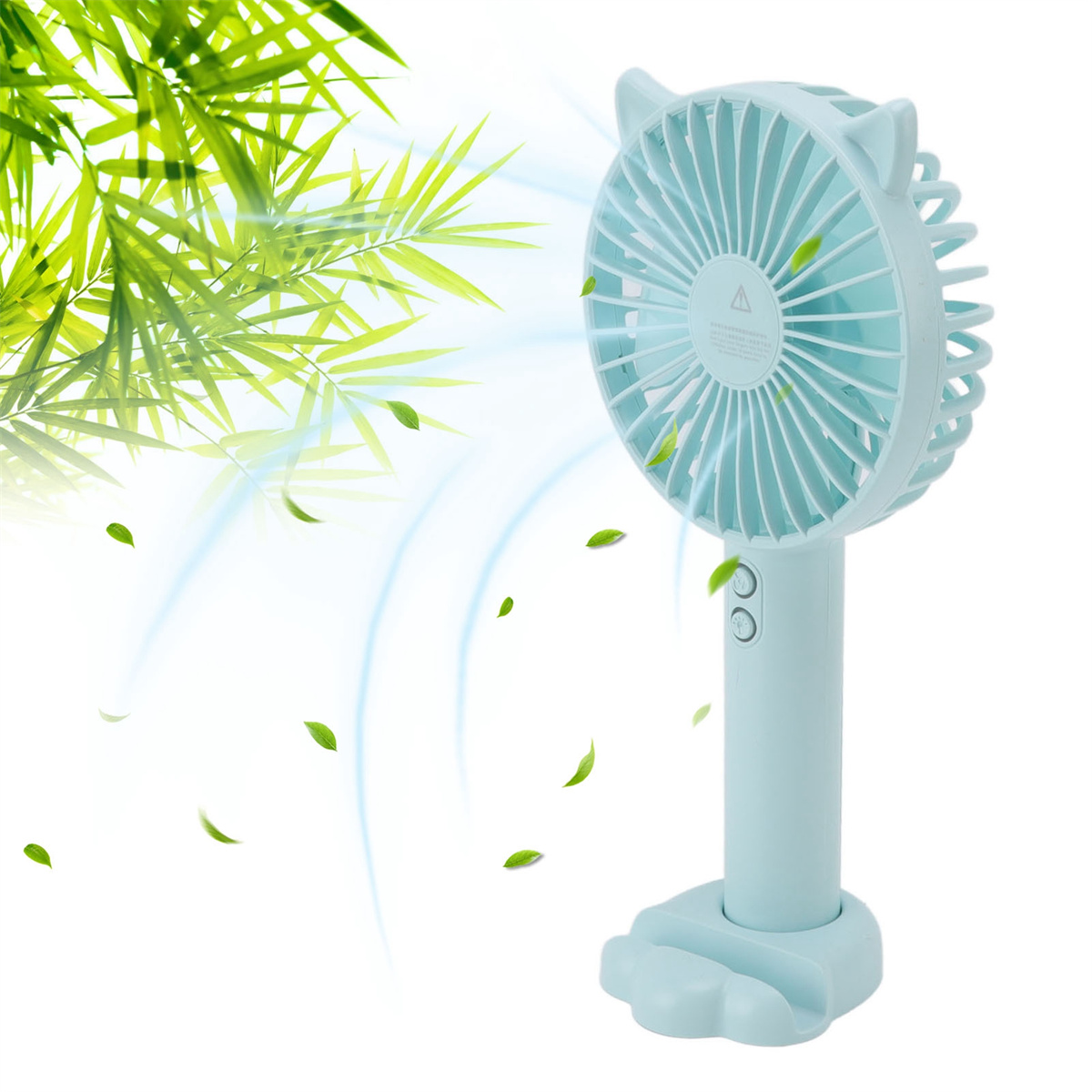 Minzgrüner Ventilator mit Katzenohren und Ständer. Blätter und Luftstrom sind digital hinzugefügt. Knöpfe sind sichtbar.