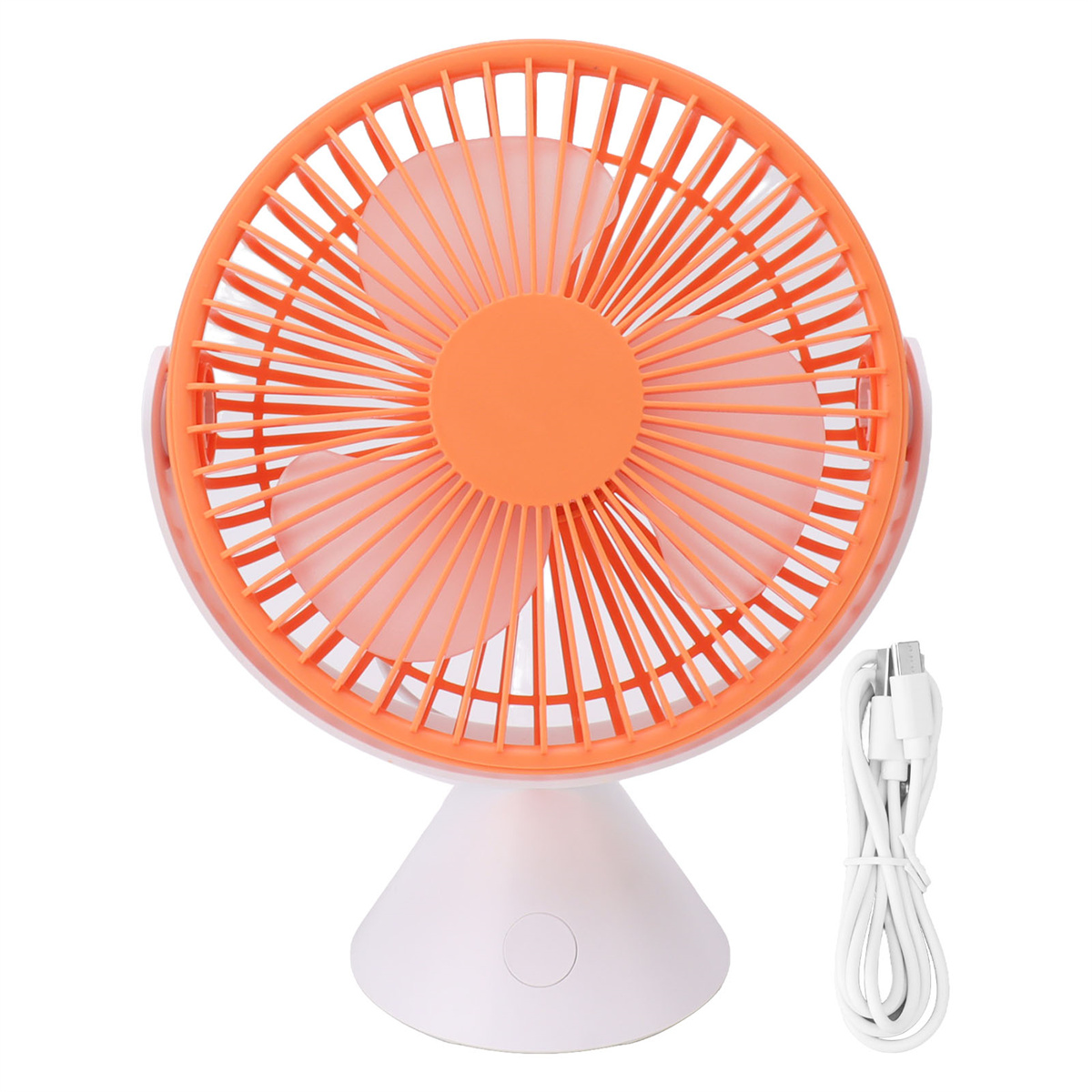 Ein orange-weißer Schreibtischventilator mit drei Flügeln. Ein weißes USB-Kabel daneben.