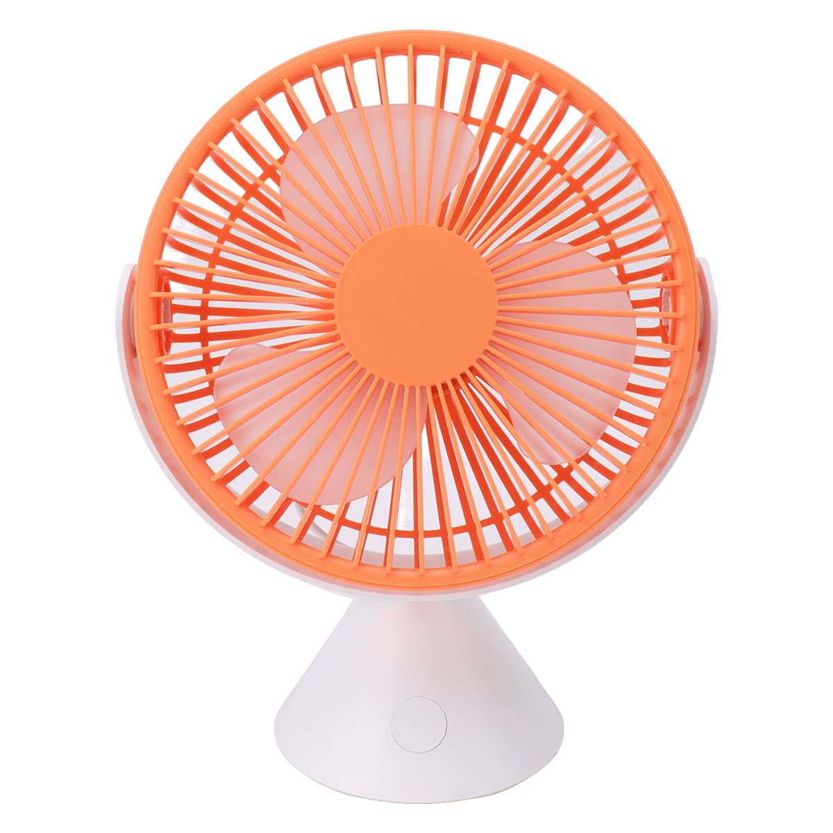 Orangener und weißer Tischventilator. Der Lüfter ist eingeschaltet.