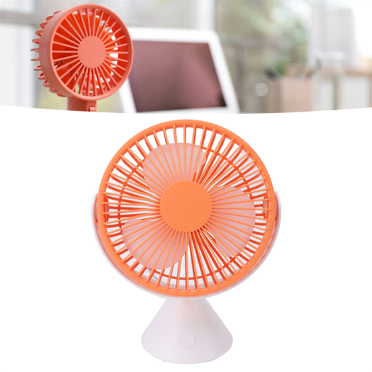 Zwei orangefarbene tragbare Ventilatoren, einer auf weißer Basis und einer im Hintergrund, vor verschwommenem Hintergrund.