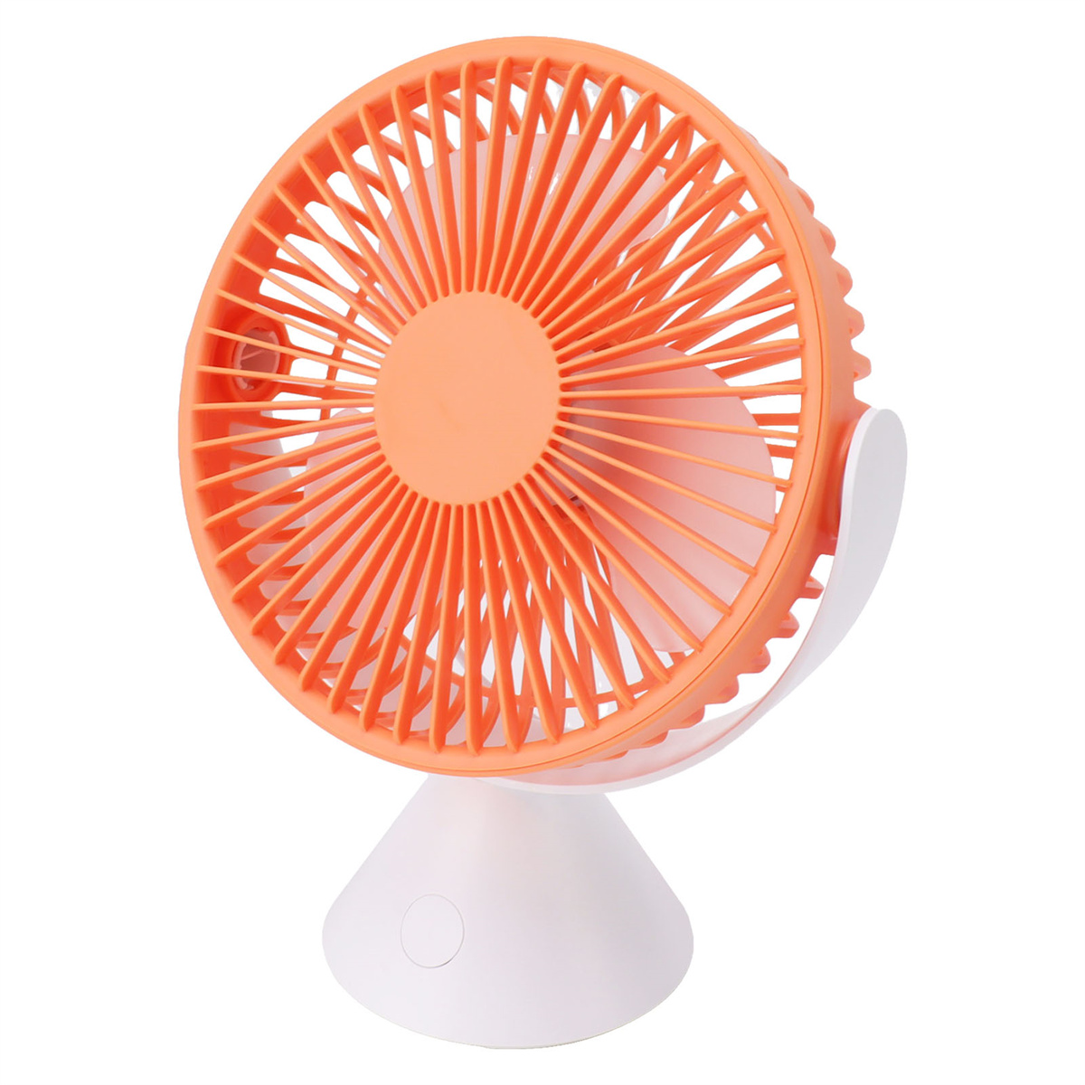 Oranger und weißer Tischventilator. Der Ventilator hat eine orangefarbene Abdeckung und einen weißen Sockel.
