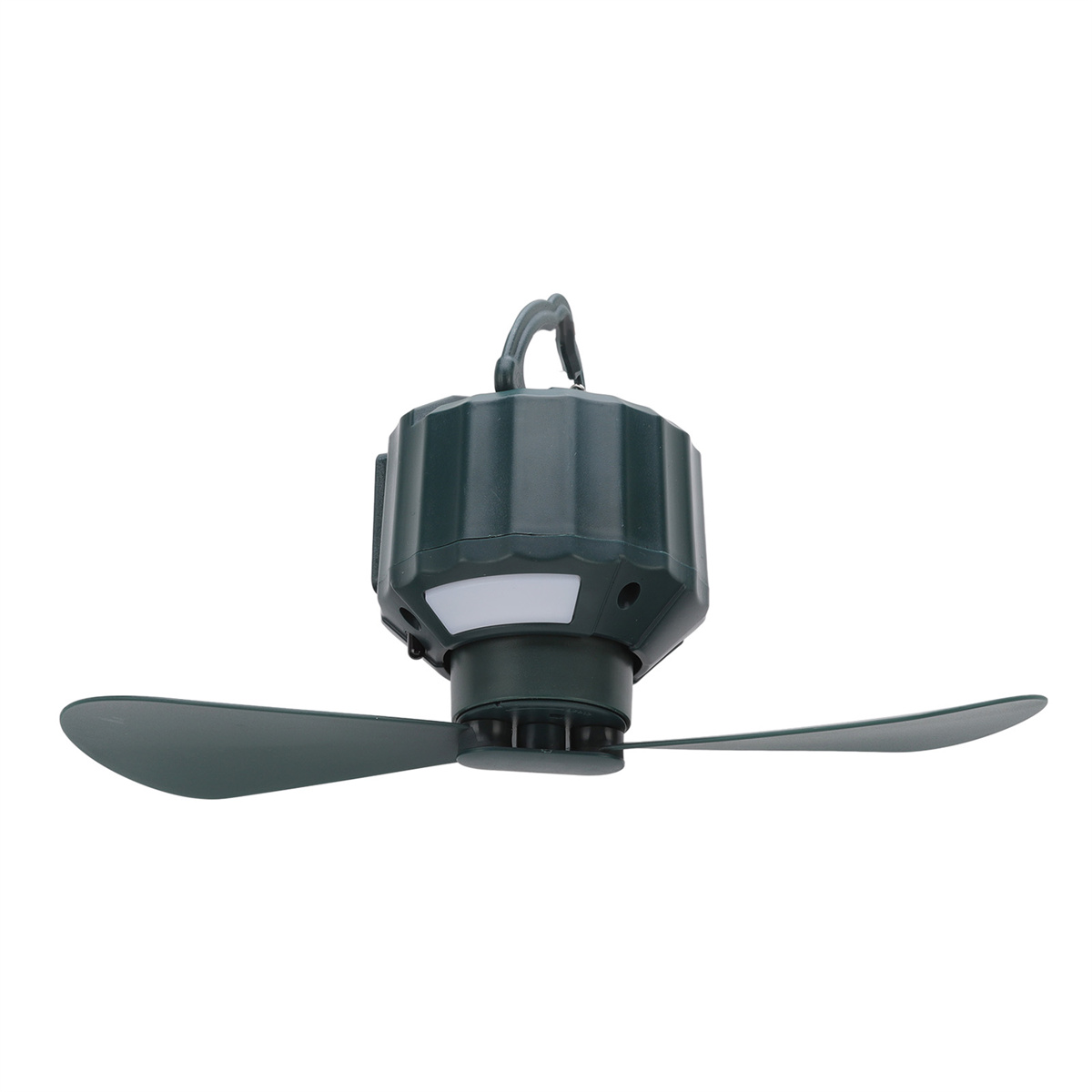Ein grüner Deckenventilator mit zwei Flügeln und einem Tragegriff, isoliert auf Weiß.