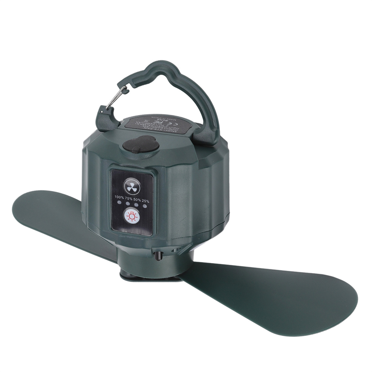 Grüner tragbarer Ventilator mit Griff und Lüfterblattdesign. Hat Knöpfe und Lichter auf der Vorderseite.