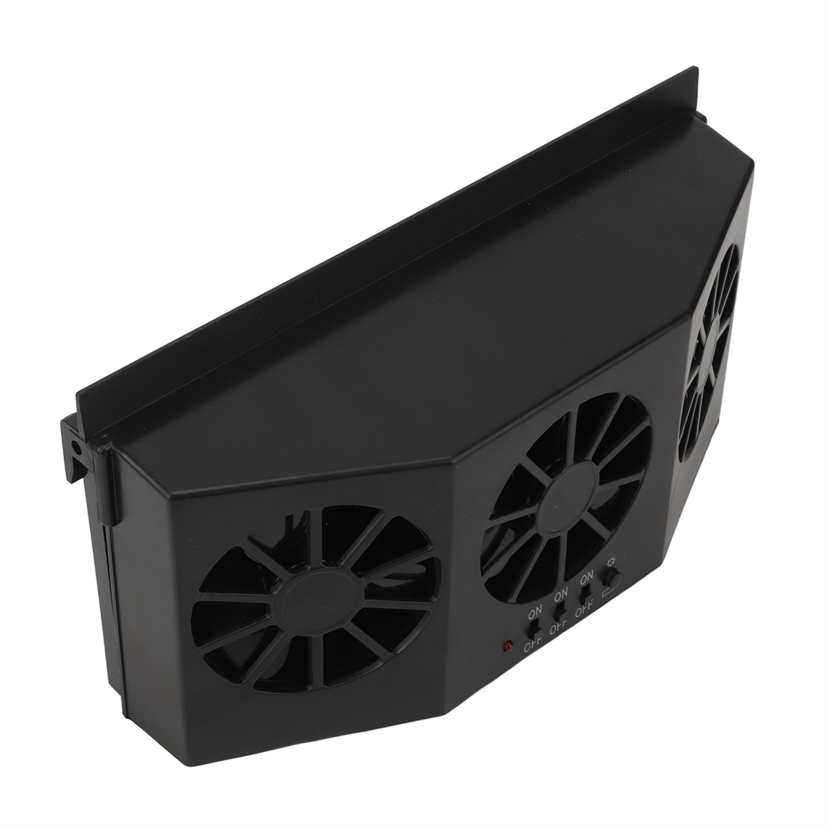 Ein schwarzer, solarbetriebener Lüfter für Autos mit zwei Ventilatoren und Ein/Aus-Schalter.
