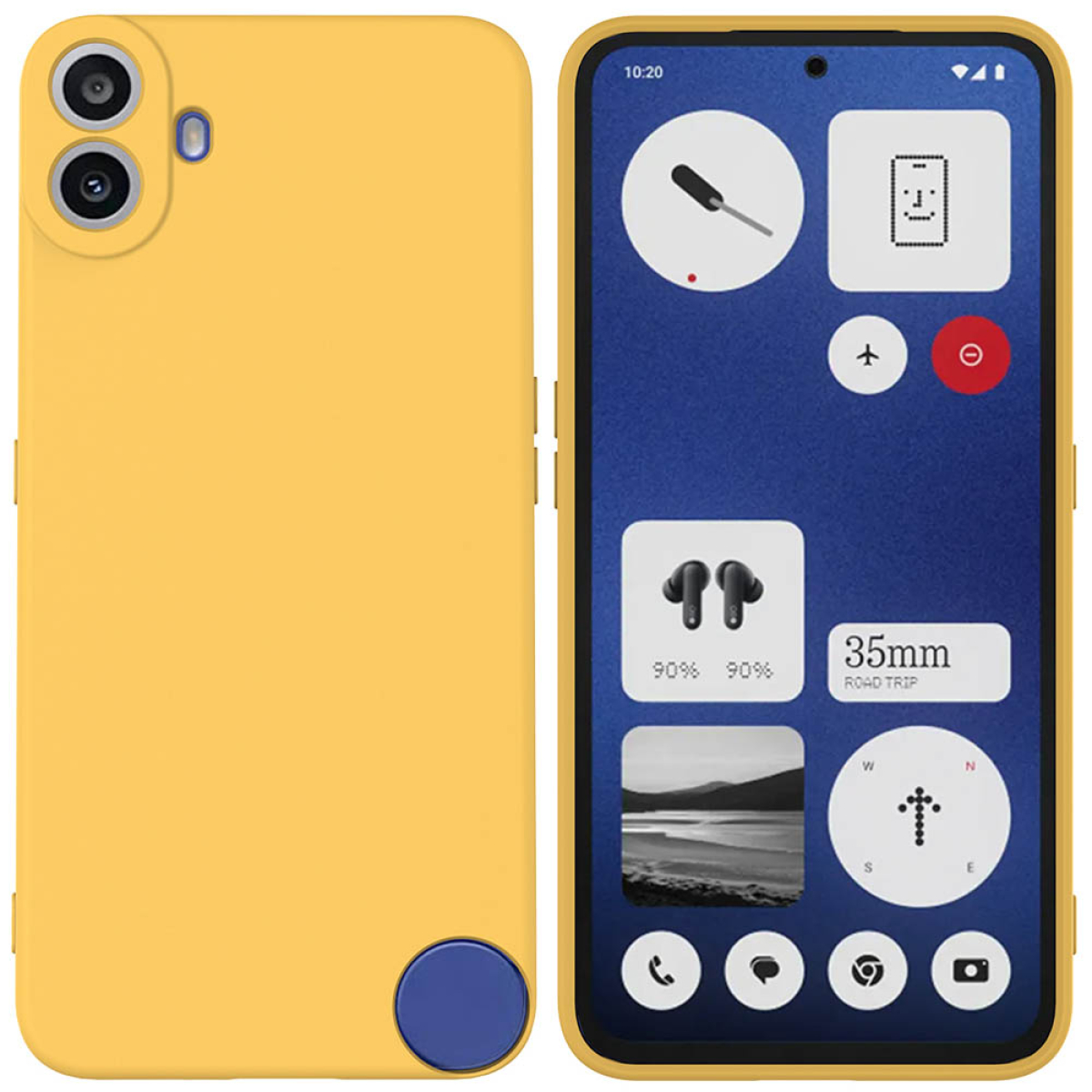 Eine gelbe Handyhülle und ein Telefon. Das Telefon hat eine gelbe Hülle und einen blauen Kreis. Das Telefon zeigt Symbole.