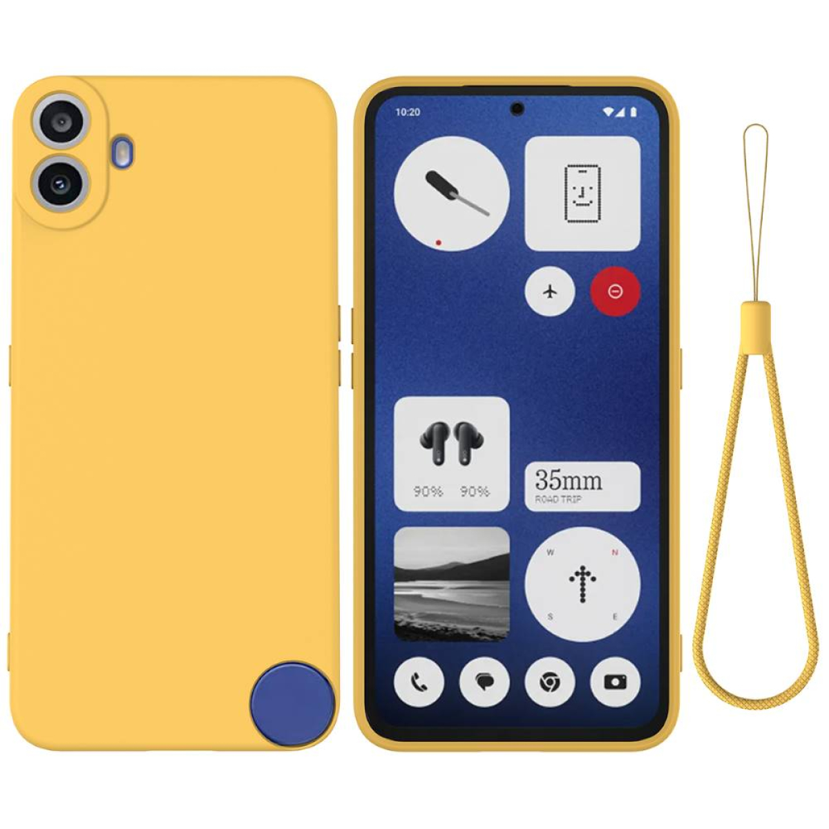 Gelbes Telefon und Hülle, Telefon zeigt App-Oberfläche. Es hat einen Riemen.