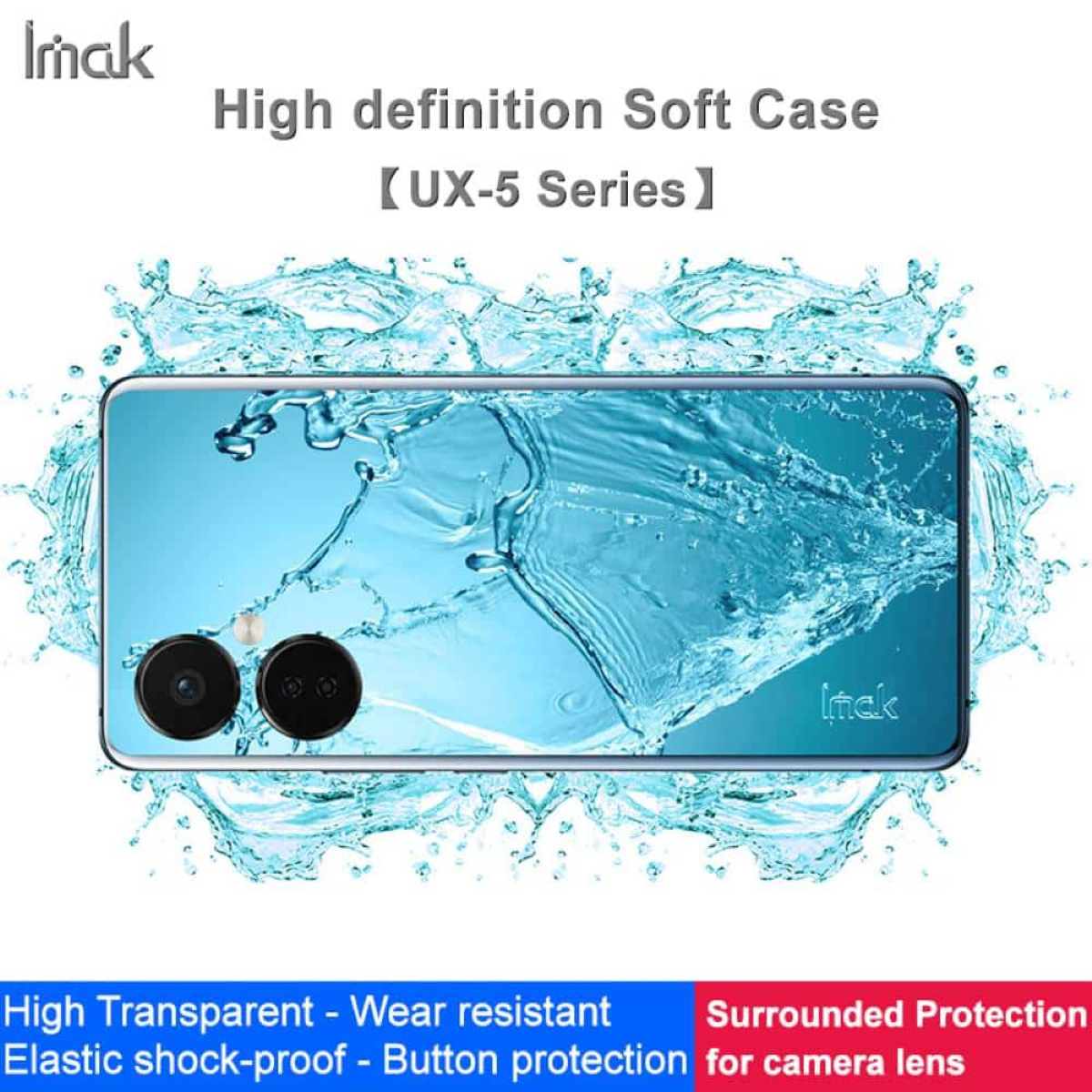 Ein Smartphone in einer transparenten Hülle mit Wasserspritzer-Effekt und Produktbeschreibung.