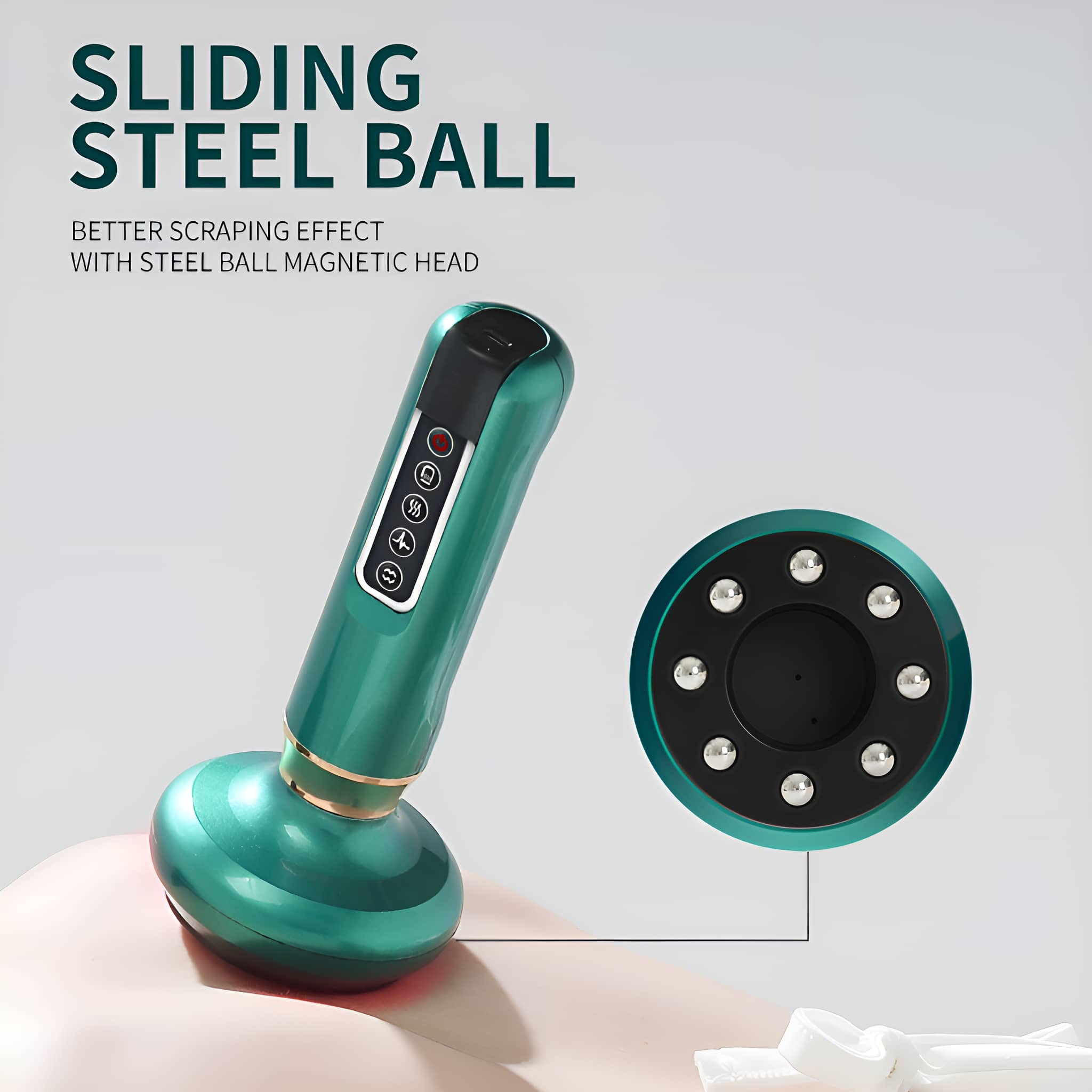 Grünes Massagegerät mit Stahlkugeln, Text-Overlay: Sliding Steel Ball.