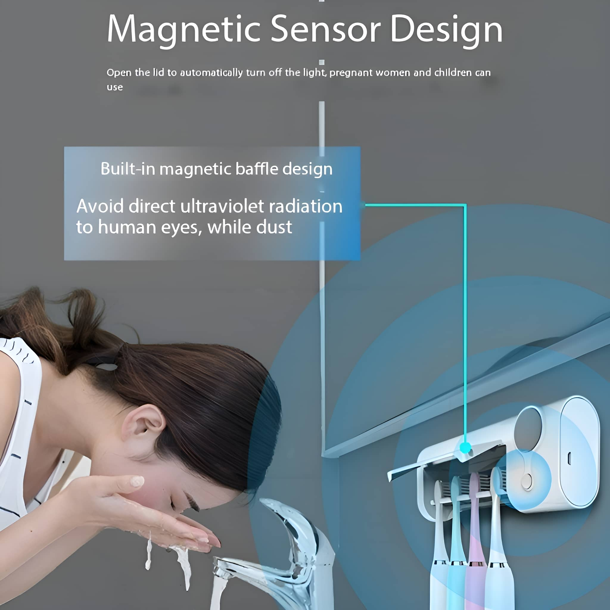 Eine Frau wäscht ihr Gesicht, ein Zahnbürstenhalter und ein Wasserhahn sind sichtbar.