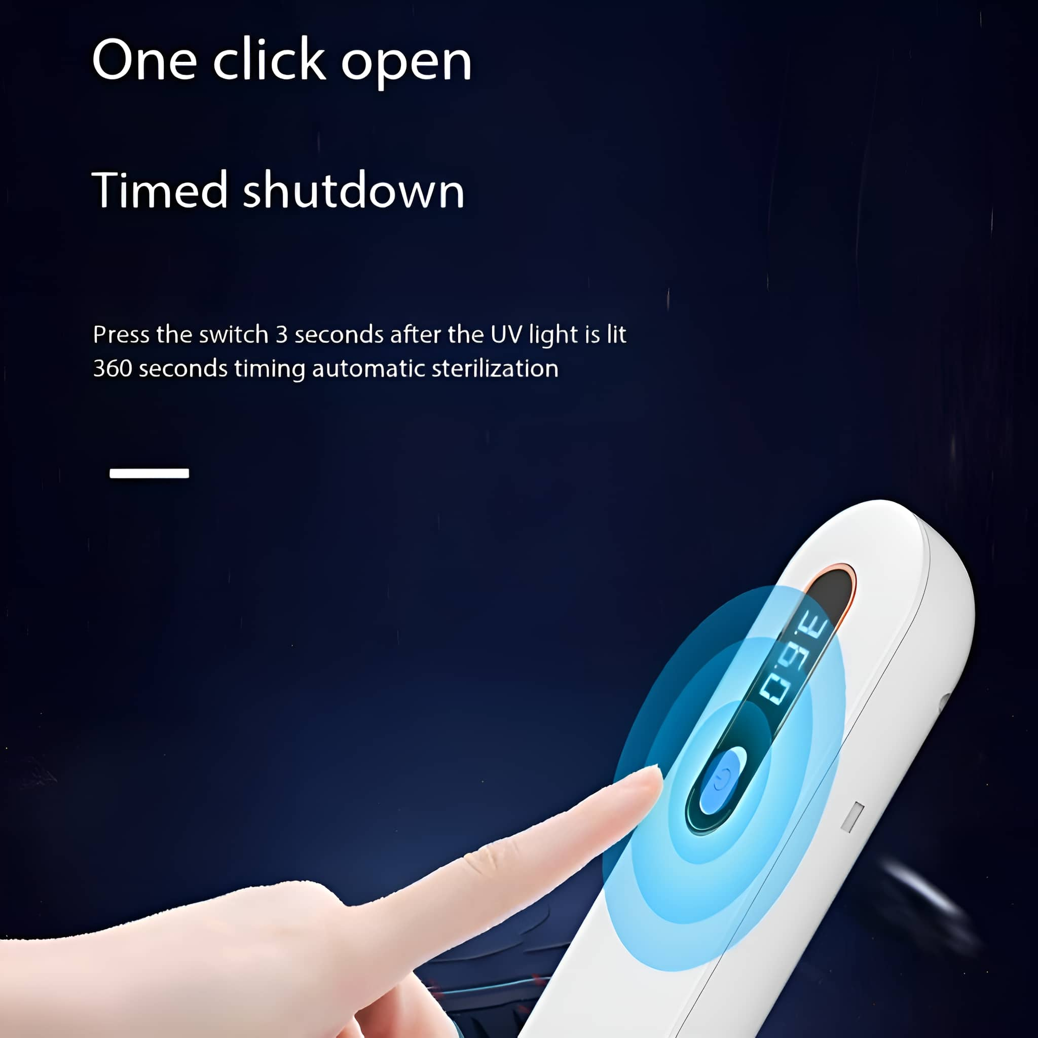 Ein Finger drückt auf eine blaue Taste an einem weißen Gerät mit digitaler Anzeige.