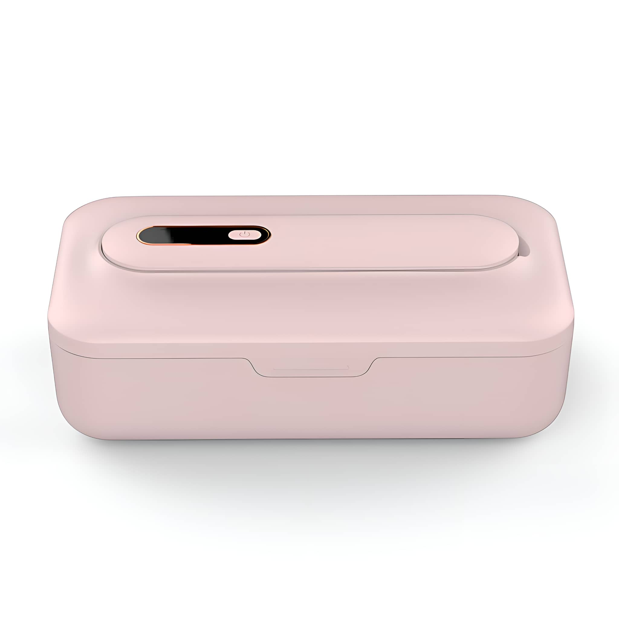 Eine rosa rechteckige Box mit Deckel. Sie hat eine gewölbte Oberseite und einen Knopf auf der Oberseite.