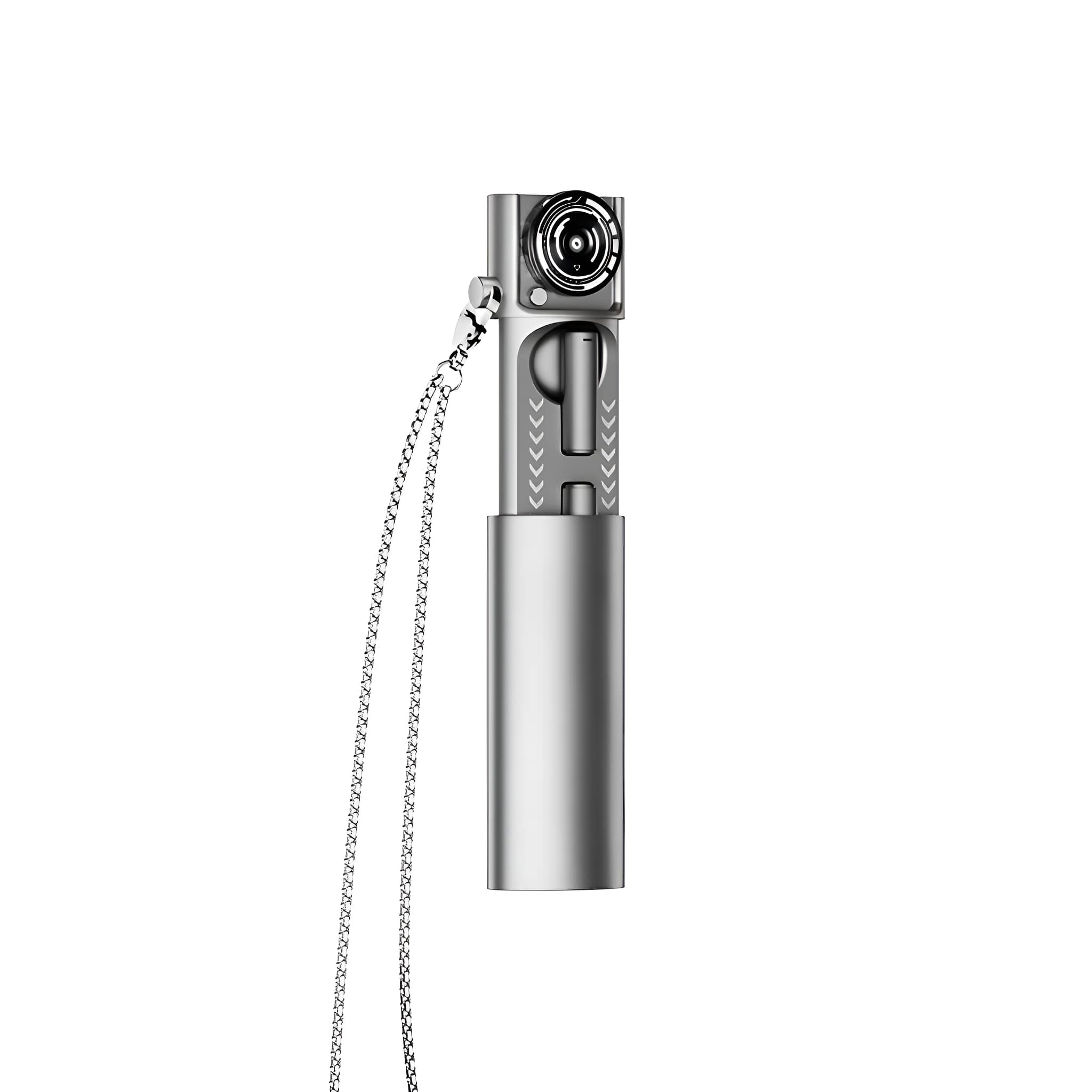 Silberner Selfie-Stick mit Kette und Kamera.