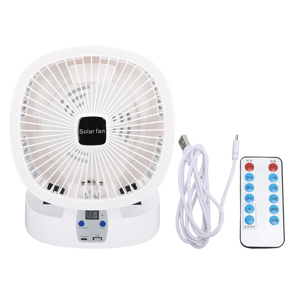 Weißer Solarventilator mit Bedienelementen, einem USB-Kabel und einer Fernbedienung.