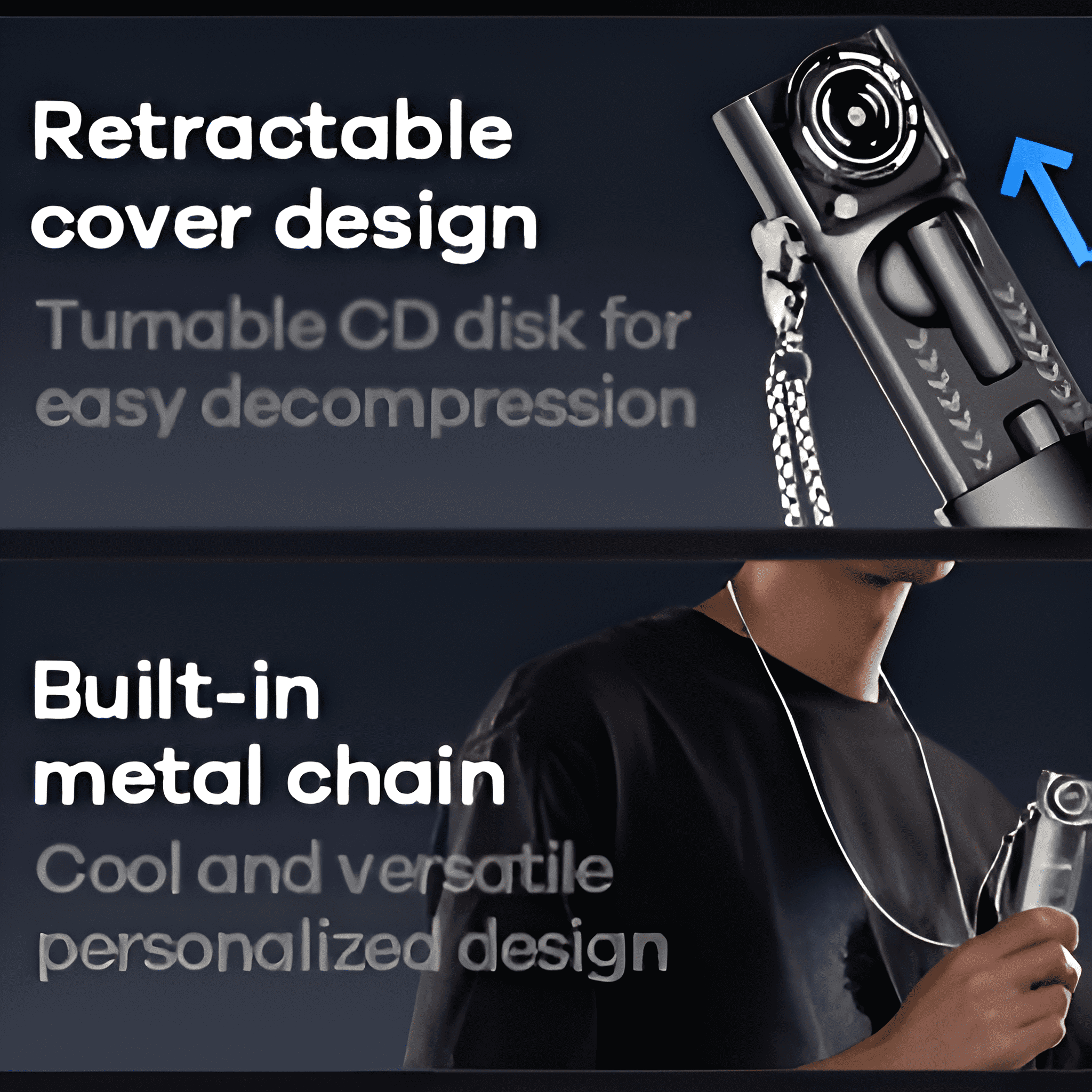 Ein Gerät mit ausziehbarem Cover-Design, Metallkette und personalisiertem Design.