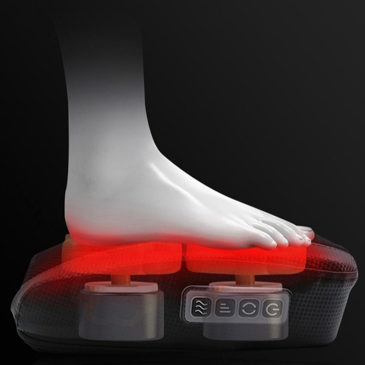 Fußmassagegerät mit einem Fuß. Die Maschine hat Symbole für verschiedene Einstellungen.