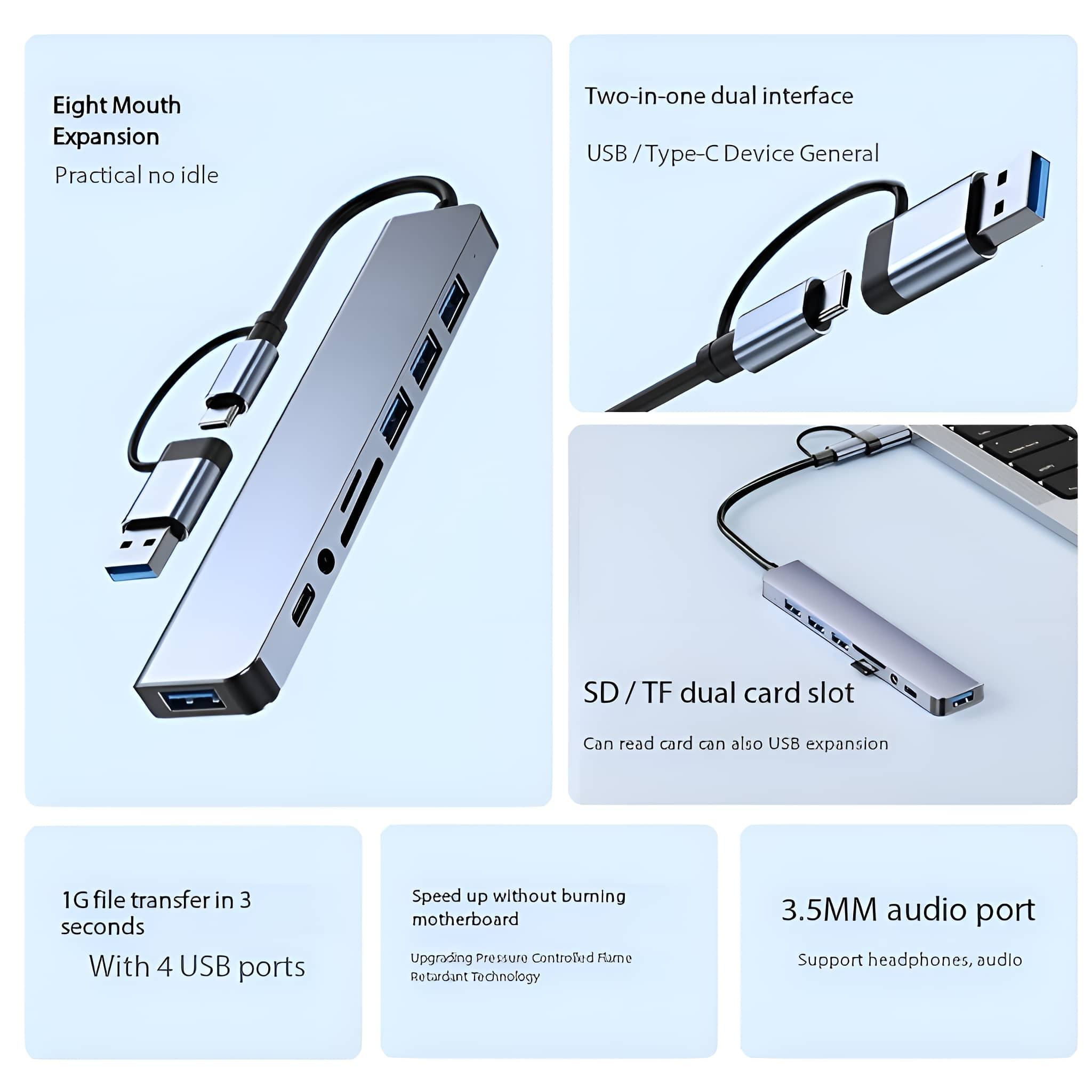 Silberner USB-Hub mit mehreren Anschlüssen, Kabeln und Steckern. Weißer Hintergrund.