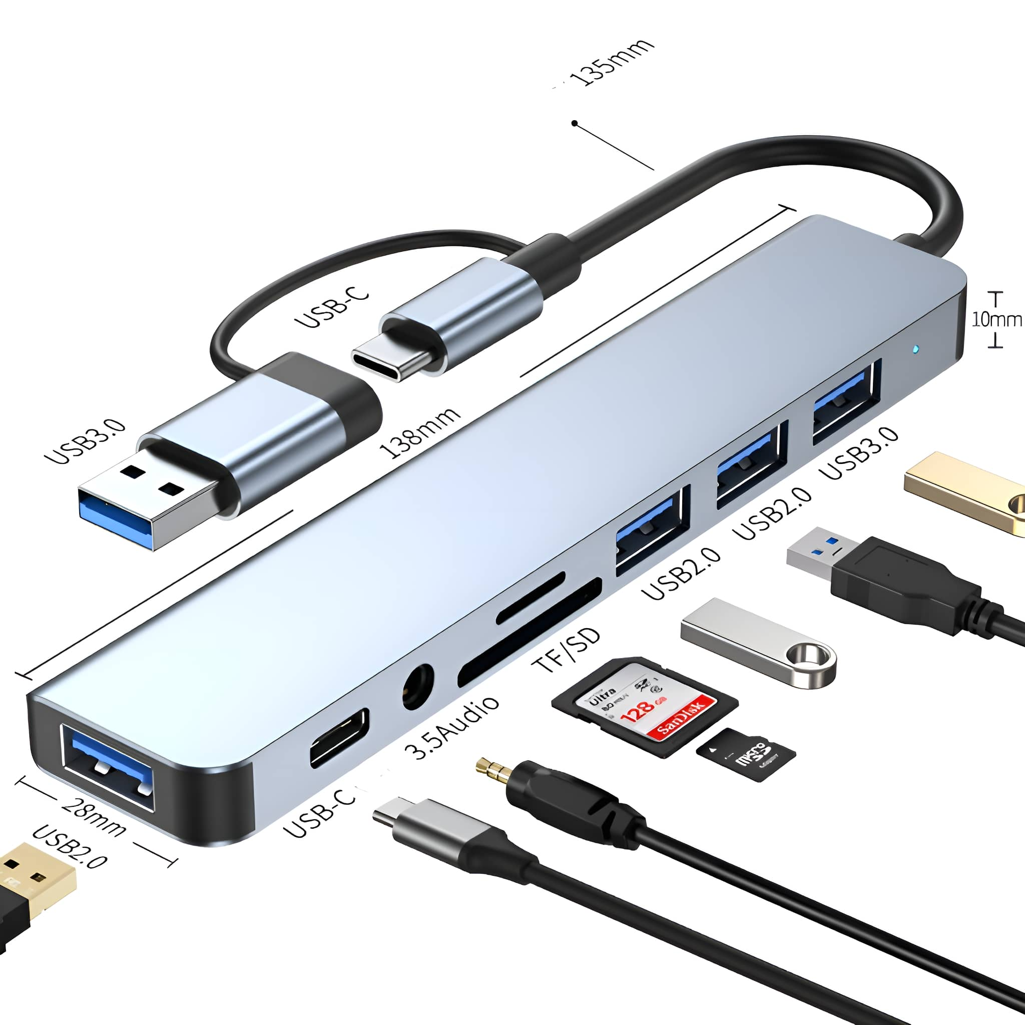 Ein silberner USB-Hub mit verschiedenen Anschlüssen und angeschlossenen Geräten, mit Größenangaben.