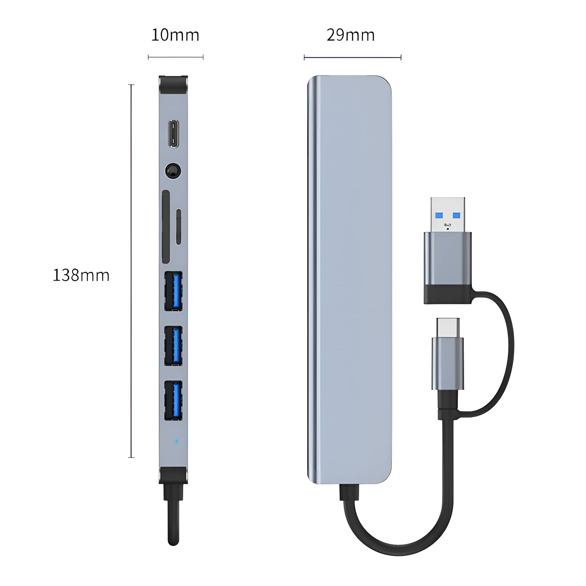 Grauer USB-Hub mit mehreren Anschlüssen, Abmessungen gezeigt.