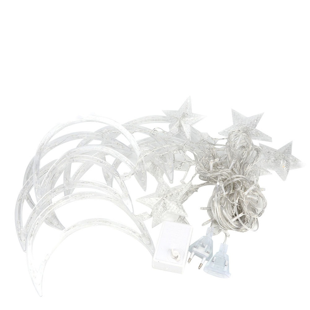 Lichterkette mit Sternen und Monden. Enthält Stecker und eine weiße Steuerbox.
