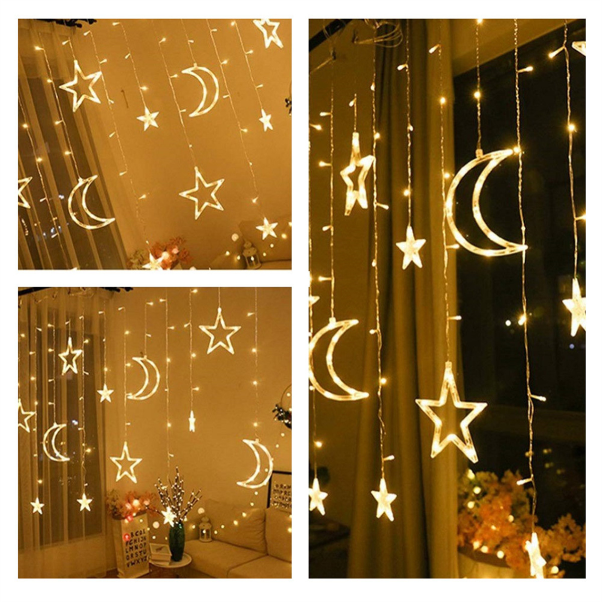 Lichterketten mit Stern- und Mondformen. Warme, goldene Lichter hängen an einer weißen Wand.