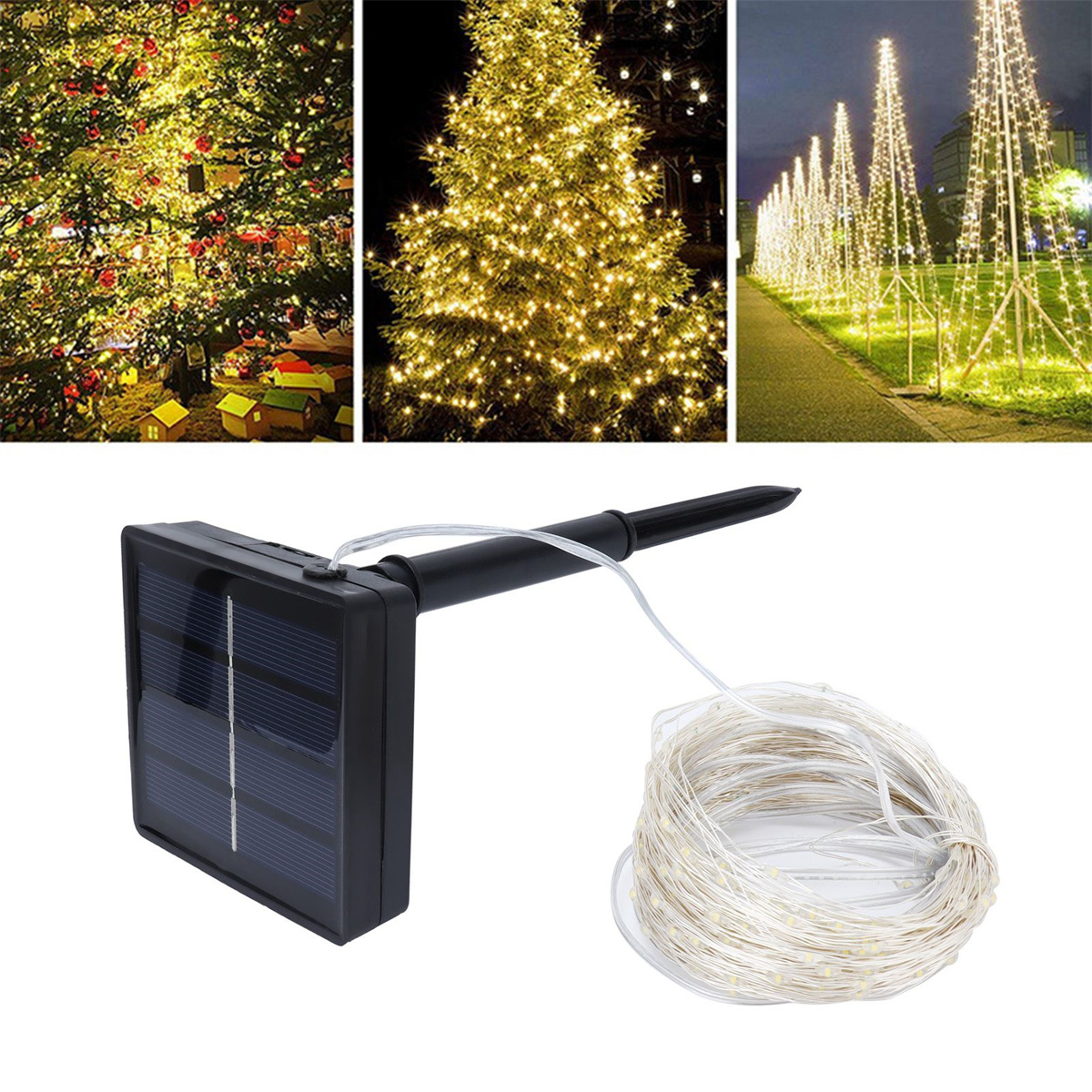Solarpanel mit Lichterkette. Weihnachtsbaumlichter im Hintergrund.