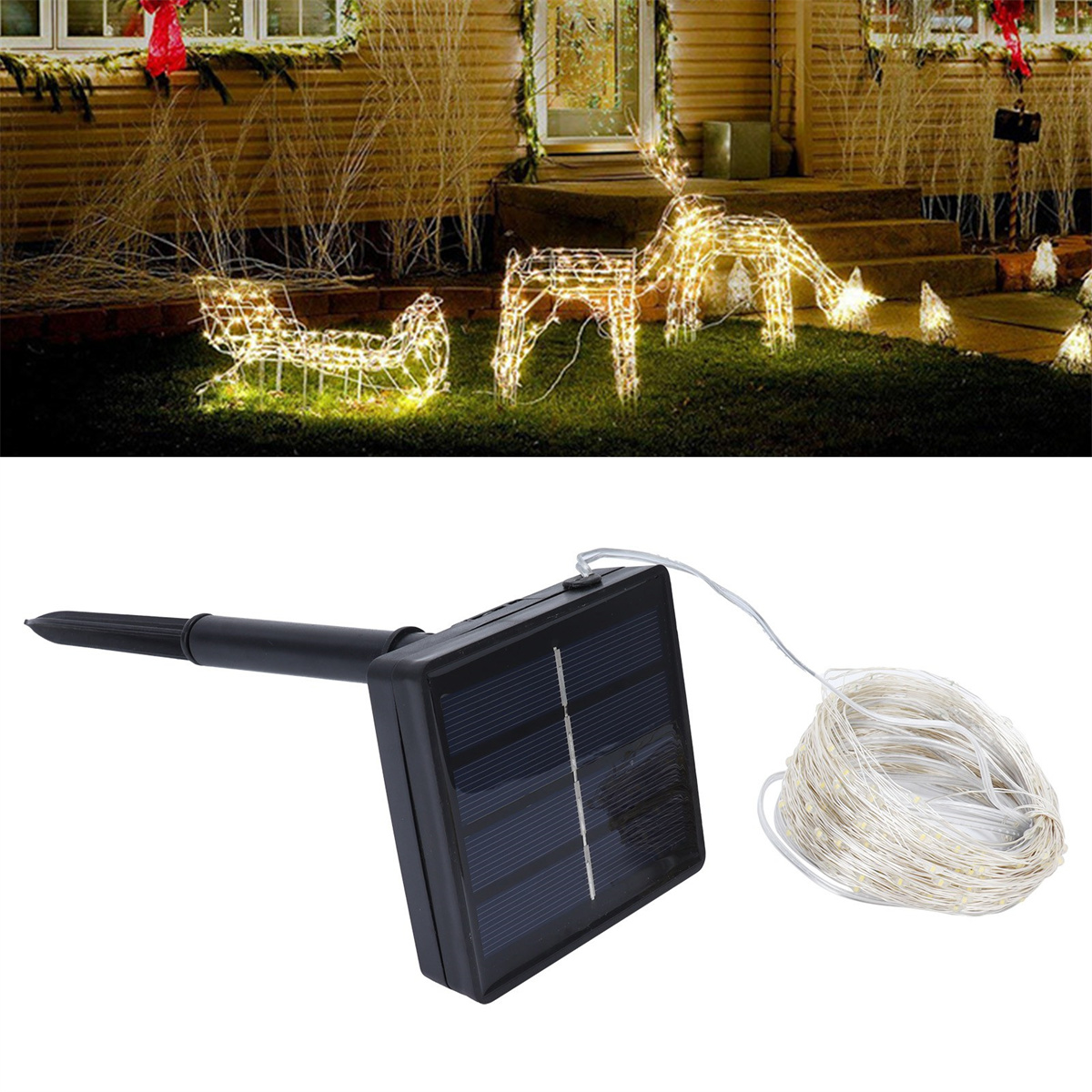 Weihnachtsbeleuchtung: Rentiere und Schlitten sowie ein Solarpanel mit Lichtern.