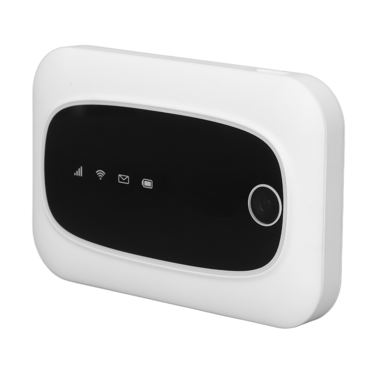 Weißer tragbarer WLAN-Router. Er hat einen schwarzen Bildschirm und mehrere Kontrollleuchten.