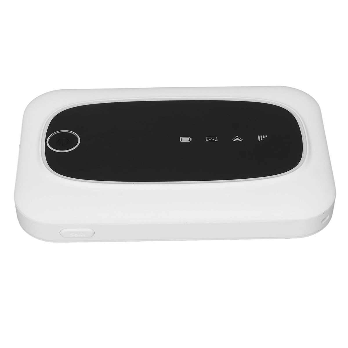 Ein weißer mobiler WLAN-Router mit schwarzem Display oben. Er hat einen Ein-/Ausschalter und Kontrollleuchten.
