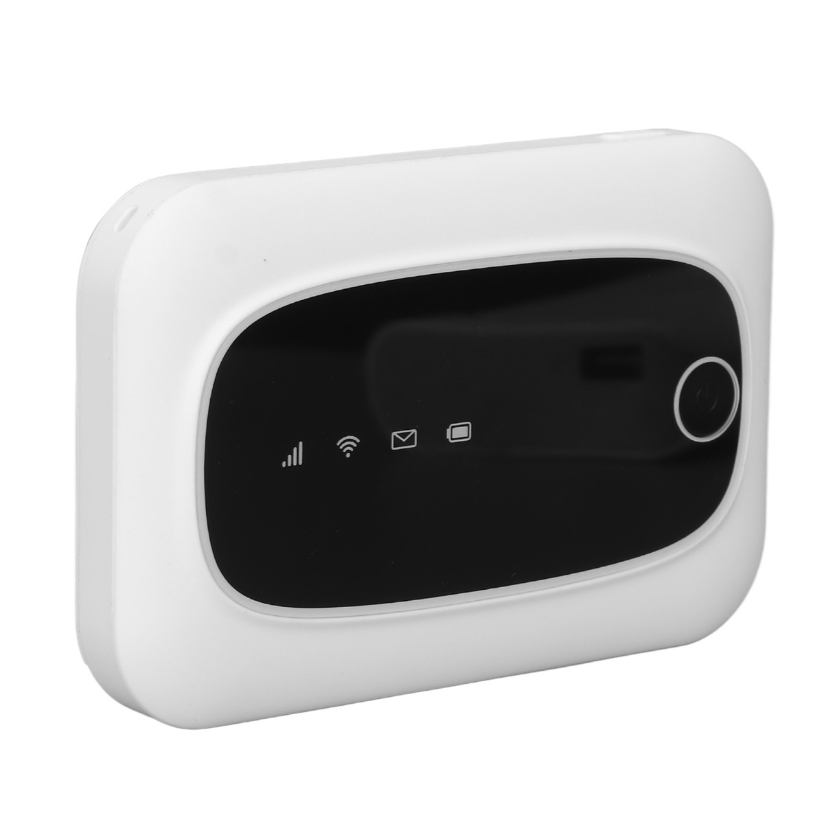 Ein weißer tragbarer Router mit einem schwarzen Bildschirm, der Signalindikatoren anzeigt.
