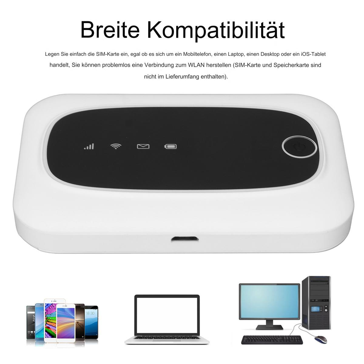 Weißer und schwarzer Router mit einem schwarzen Oval. Mobiltelefone, Laptop und Computer sind unten gezeigt.