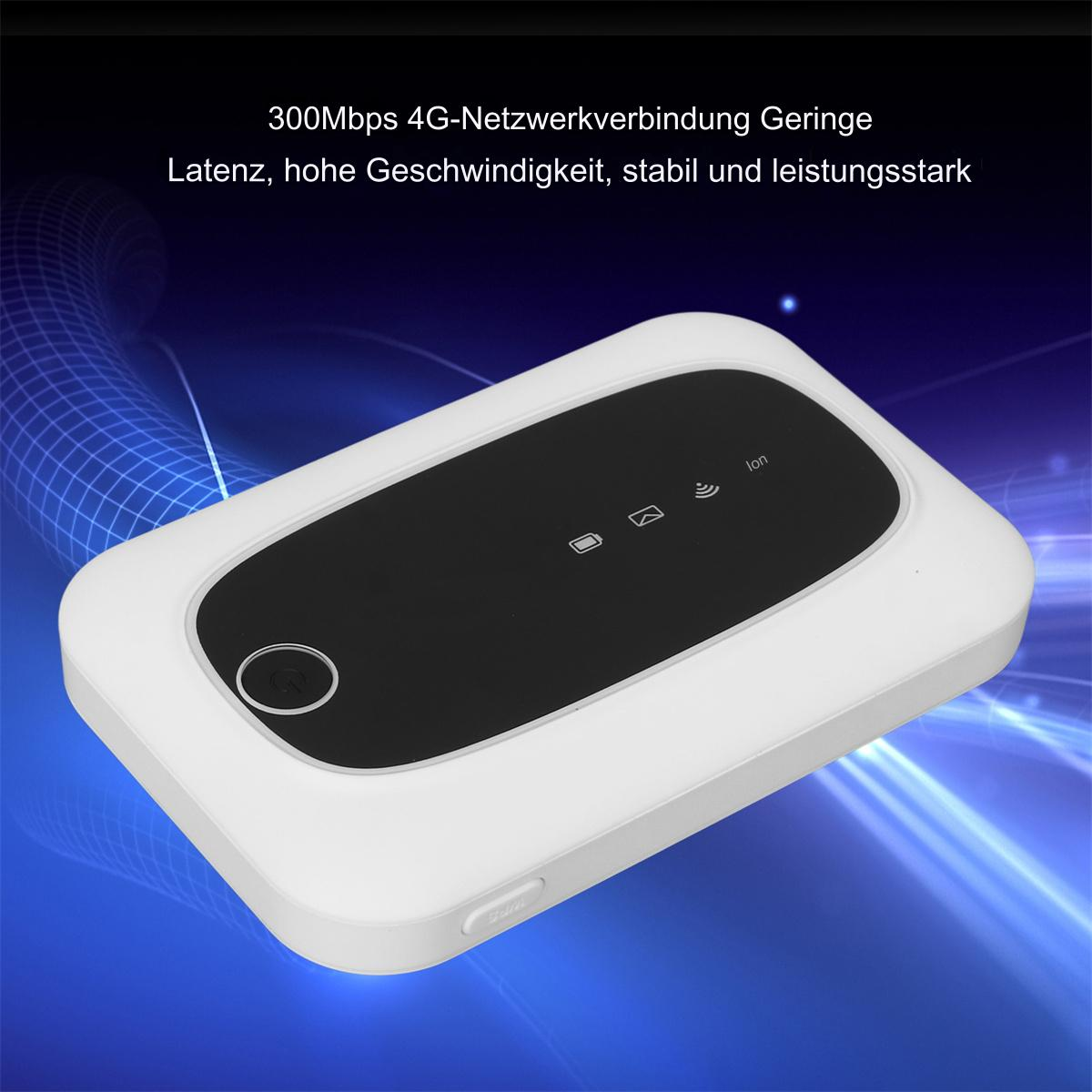 Weiß-schwarzer Router mit Bildschirm, der Netzwerkinformationen anzeigt.