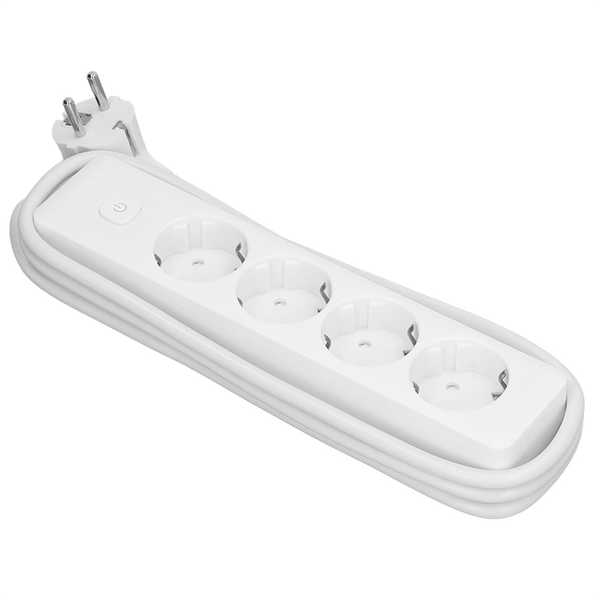 Eine weiße Steckdosenleiste mit drei Steckdosen und einem Einschalter. Sie hat ein weißes Kabel.