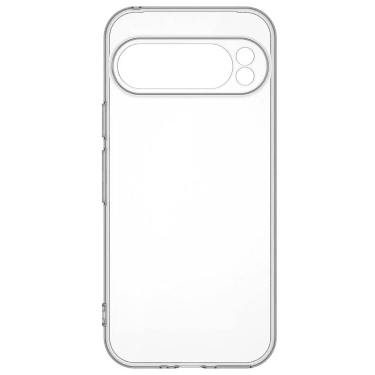 Transparente Handyhülle, transparent, mit Kameraausschnitt. Isoliert auf weißem Hintergrund, Draufsicht.