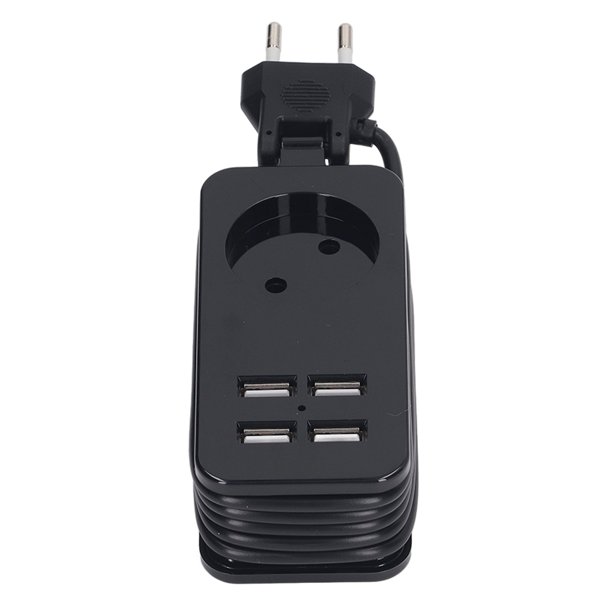 Eine schwarze Steckdosenleiste mit mehreren USB-Anschlüssen und einem Stecker. Auf weißer Oberfläche.