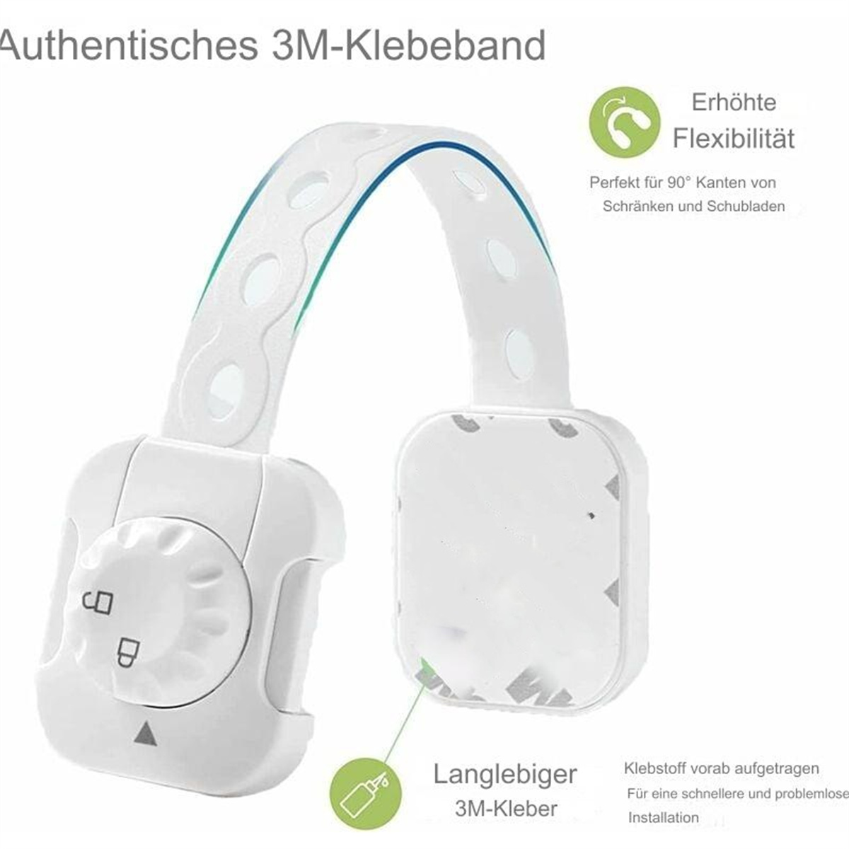 Eine weiße und blaue Kindersicherung mit Anweisungen. Das Schloss sichert Schränke und Schubladen.