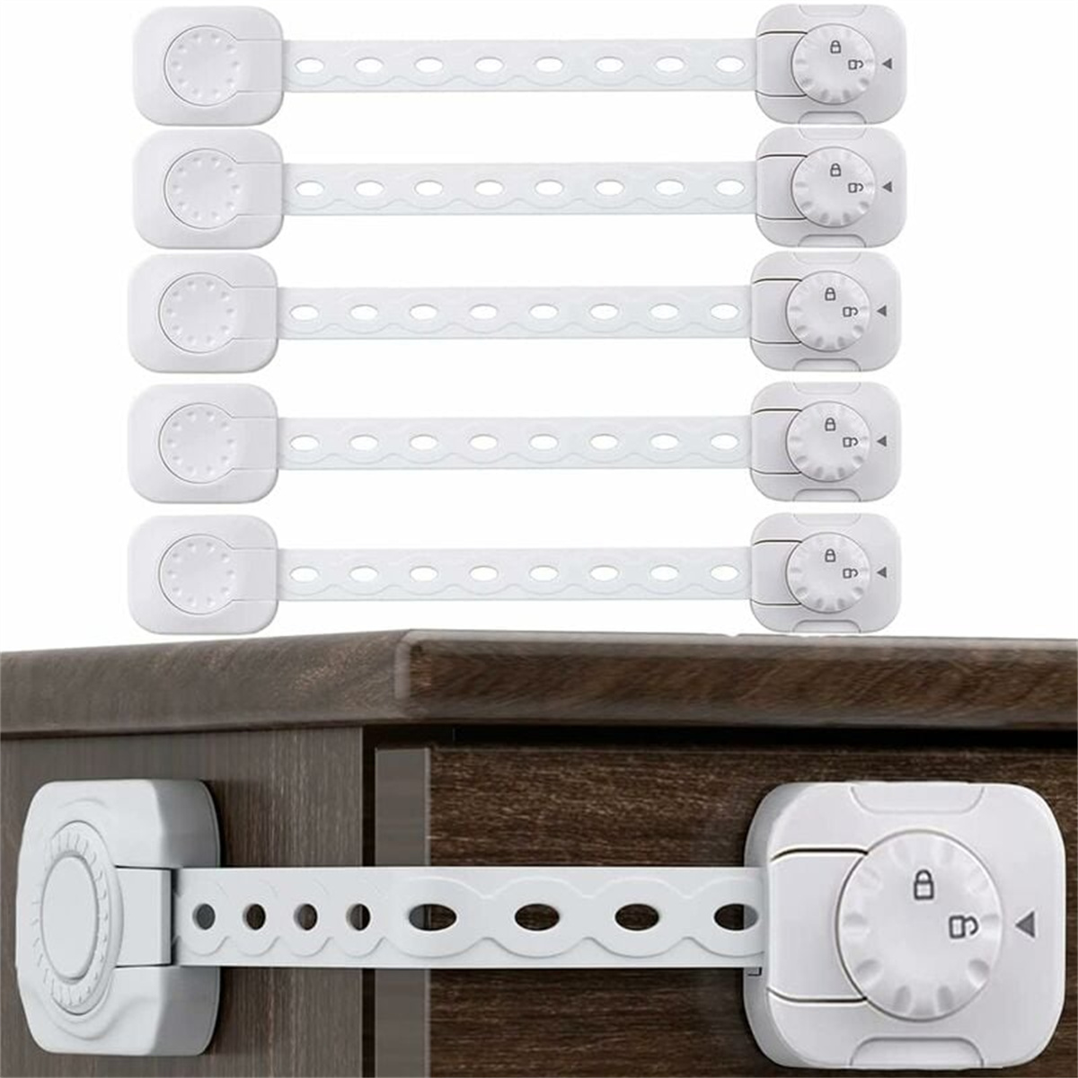 Weiße Schrankschlösser mit Drehverriegelungsmechanismus. Sie sind an einem Holzschrank befestigt.