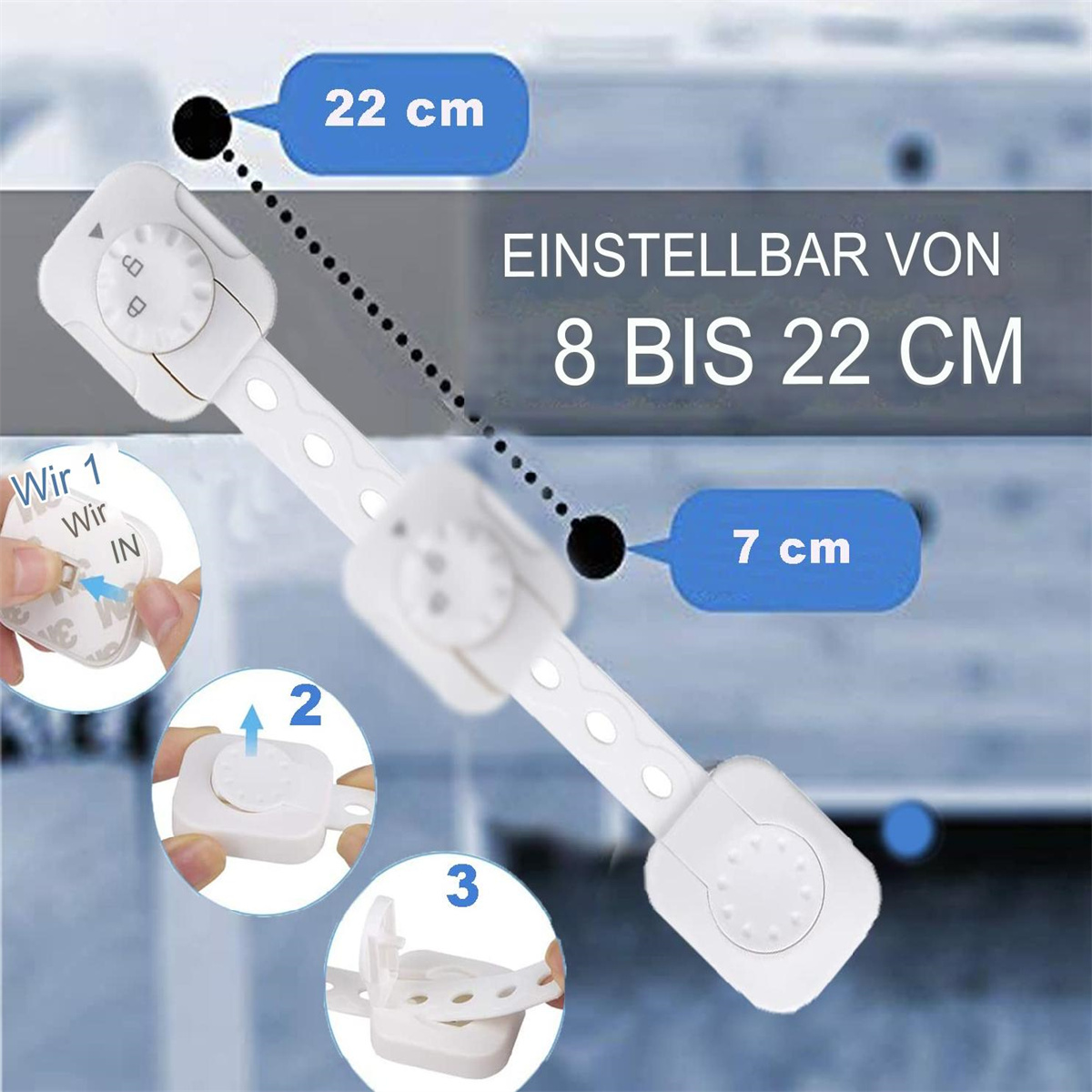 Weißes Sicherheitsschloss mit Text und Maßen, das einen einstellbaren Bereich von 8 bis 22 cm zeigt.