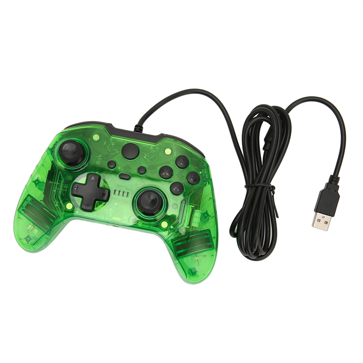 Grüner Gaming-Controller mit mehreren Tasten und einem USB-Kabel. Das Design ist transparent.