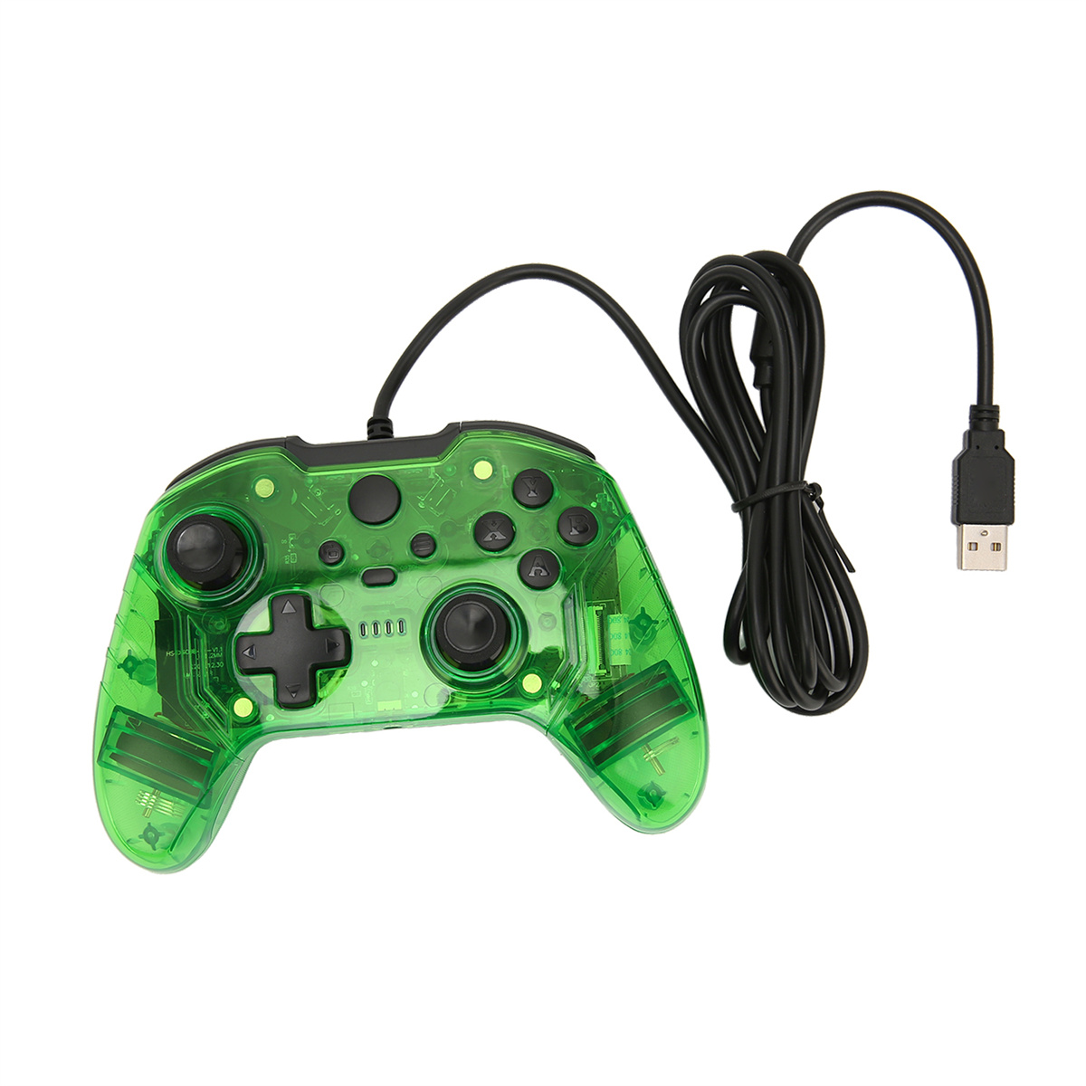 Grüner, transparenter Gamecontroller mit schwarzen Knöpfen und einem angeschlossenen schwarzen USB-Kabel.
