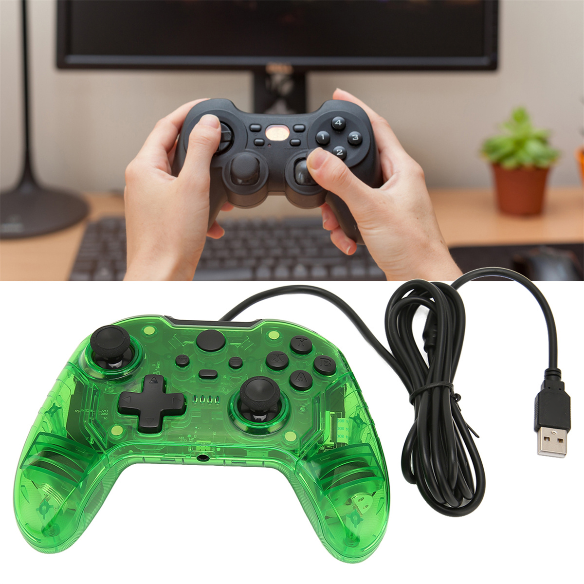 Person hält schwarzen Gamecontroller über grünem transparenten Gamecontroller. Ein schwarzes USB-Kabel ist.