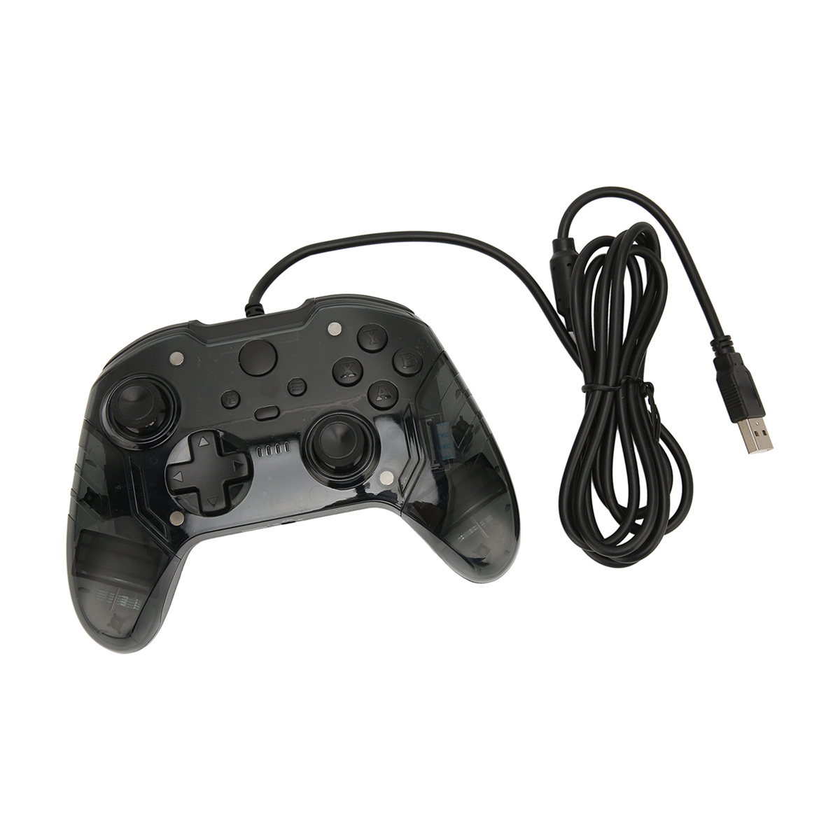 Schwarzer Gamecontroller mit Kabel. Knöpfe und Joysticks sichtbar.