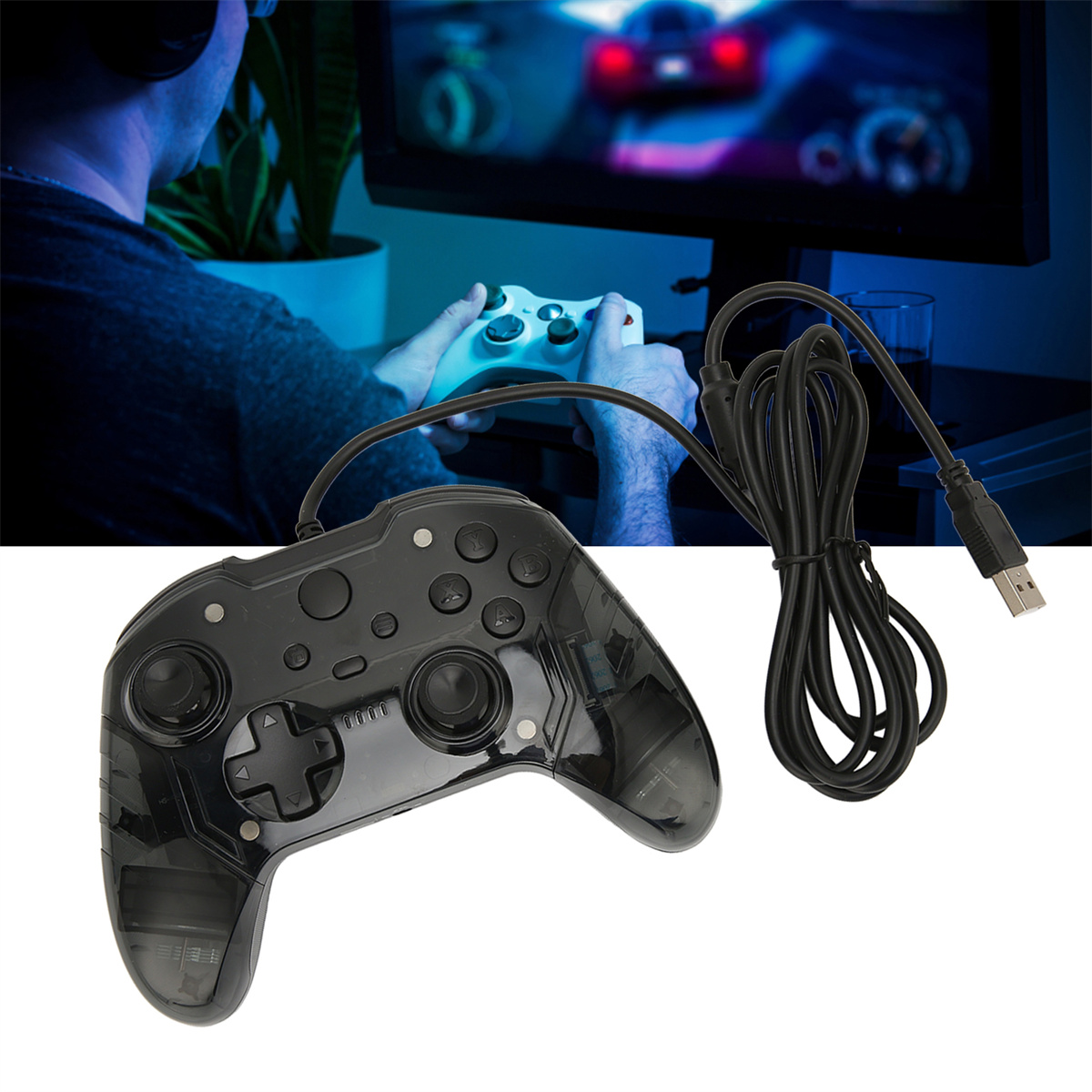 Ein schwarzer Videospiel-Controller mit einem schwarzen Kabel und eine Person, die Videospiele auf einem Bildschirm spielt.