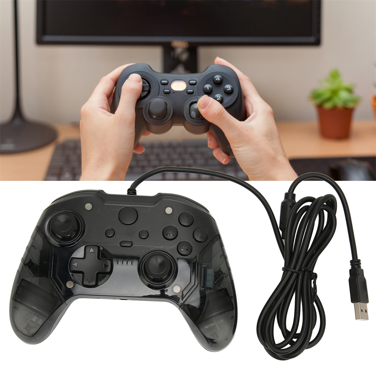 Eine Person hält einen schwarzen Gamecontroller. Ein weiterer Controller wird neben einem USB-Kabel gezeigt.