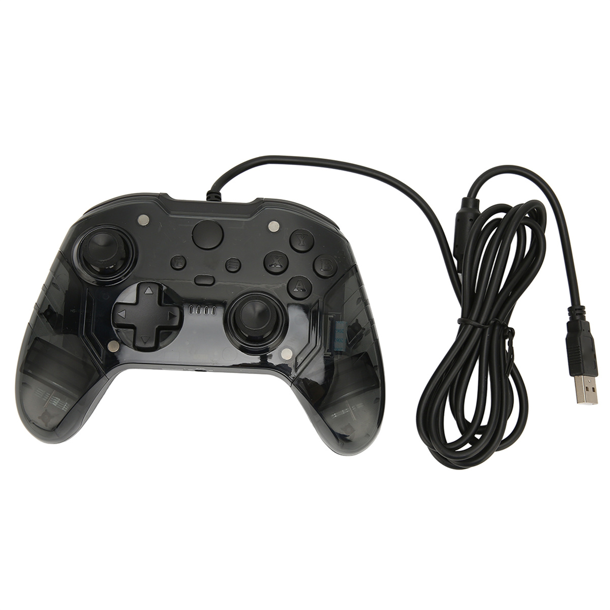 Ein transparenter schwarzer Controller mit Knöpfen. Ein USB-Kabel ist angeschlossen.